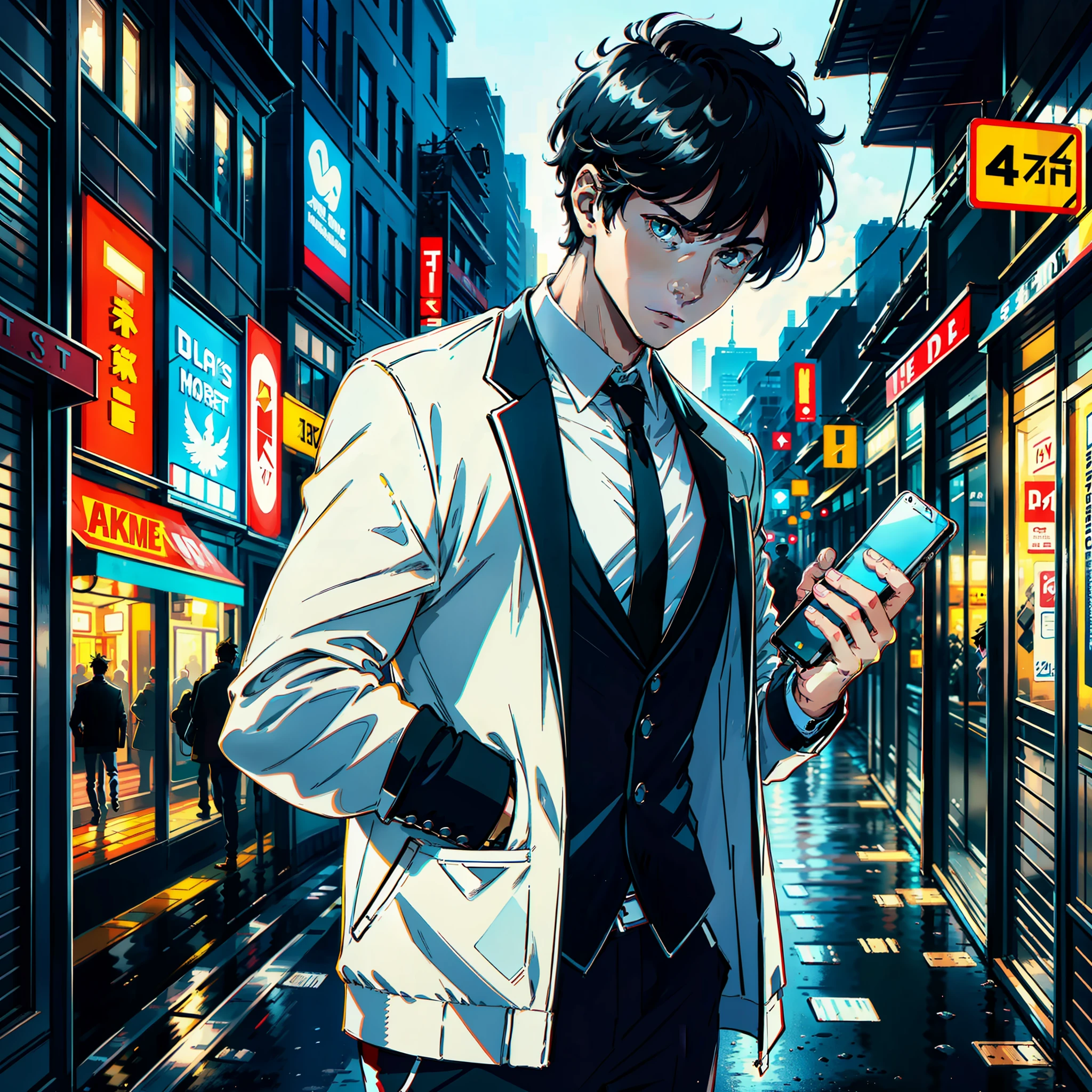 A handsome boy looking at a phone in his hand, looking at a phone, holding a phone in his hand, a mobile phone, super high detail, eyes looking at the phone screen, white sports jacket, short black hair, by the street, super high detail, high real, 4K, chiaroscuro, super detail