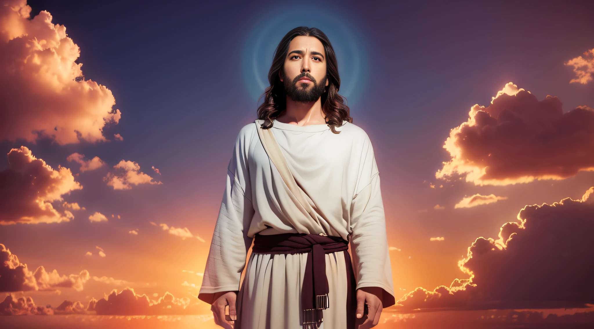 A portrait of Jesus, full body, sky, clouds, sunset, sacred aura, cinematic, realistic light