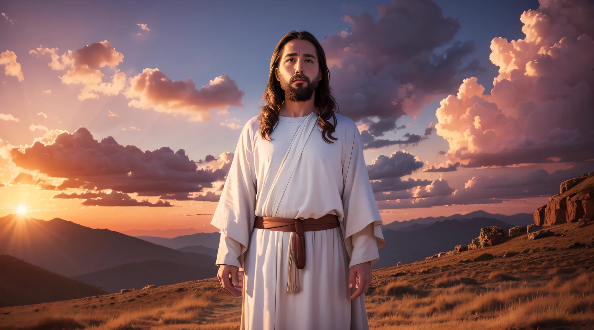 A portrait of Jesus, full body, sky, clouds, sunset, sacred aura, cinematic, realistic light
