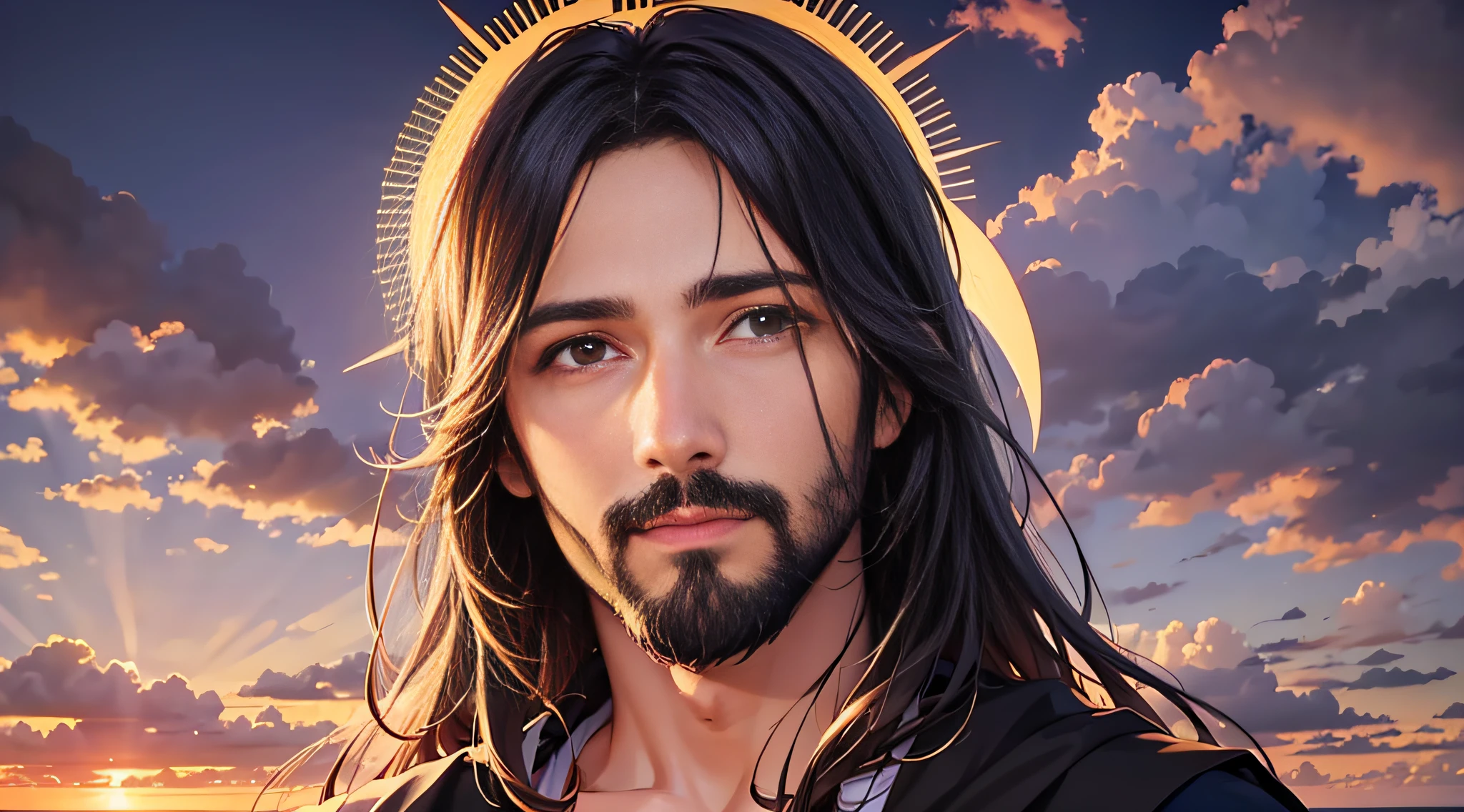 A portrait of Jesus, full body, sky, clouds, sunset, sacred aura, cinematic, realistic light