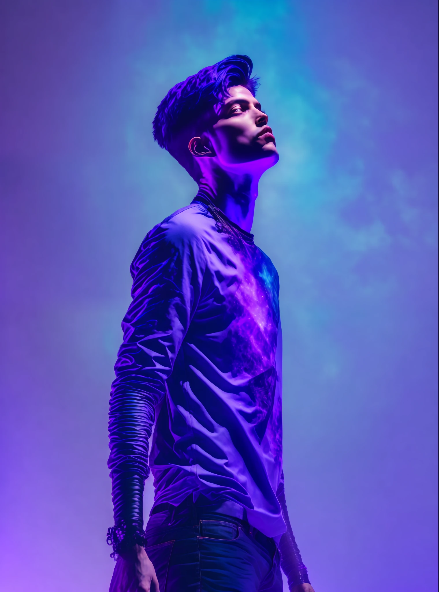 A young guy, full body, arms outstretched, looking up at the sky, feeling free, illuminated by black and violet lights, purple hair, modern, realism, cinematic lighting, behind, sideways, of better quality