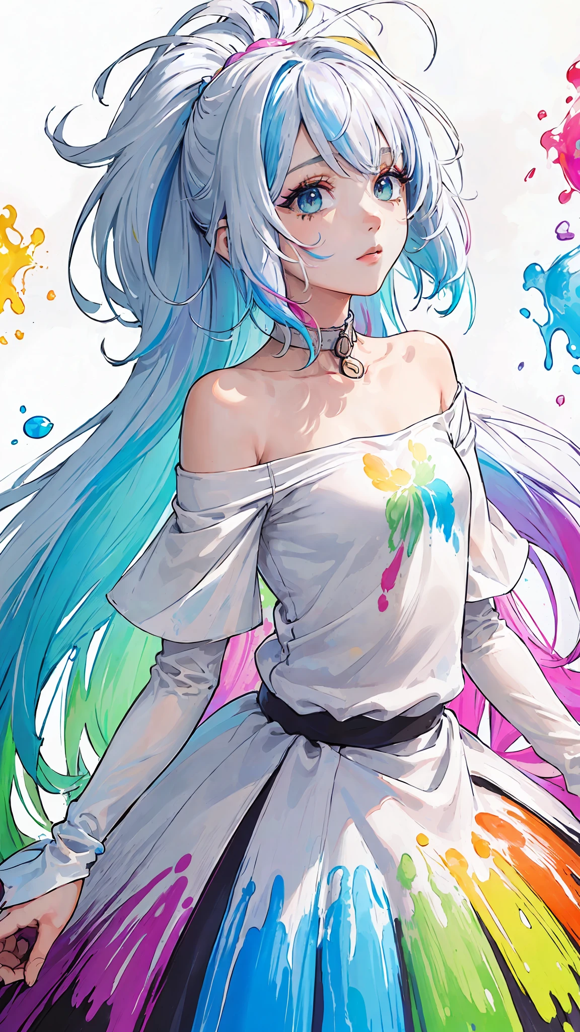 （Pink Fashion T-shirt：1.9），(Colorful hair: 1.8), (all the colours of the rainbow: 1.8),(((((vertical painting：1.6))), （painting：1.6），front, comics, illustrations, paintings, large eyes, crystal clear eyes,（ rainbow color gradient high ponytail：1.7）, exquisite makeup, closed mouth,(Small Fresh: 1.5),(Wipe Chest: 1.6) ，long eyelashes, white off shoulder T-shirt,  White Shoulder Shirt，looking at the audience, large watery eyes, (rainbow colored hair：1.6), color splash, （solo：1.8）, color splash, color explosion, thick paint style, messy lines, ((shining))，(colorful), (colorful), (colorful), colorful, Thick Paint Style, (Splash) (Color Splash), Vertical Painting, Upper Body, Paint Splash, Acrylic Pigment, Gradient, Paint, Highest Image Quality, Highest Quality, Masterpiece, Solo, Depth of Field, Face Paint,  colorful clothes, (Elegant: 1.2), gorgeous,long hair, wind, (Elegant: 1.3), (Petals: 1.4)，(((masterpiece))),(((best quality))),((ultra-detailed)),(illustration),(dynamic angle),((floating)),(paint),((disheveled hair)),(solo),(1girl) , (((detailed anima face))),((beautiful detailed face)),collar,bare shoulders,white hair, ((colorful hair)),((streaked hair)),beautiful detailed eyes,(Gradient color eyes),(((colorful eyes))),(((colorful background))),(((high saturation))),(((surrounded by colorful splashes))),