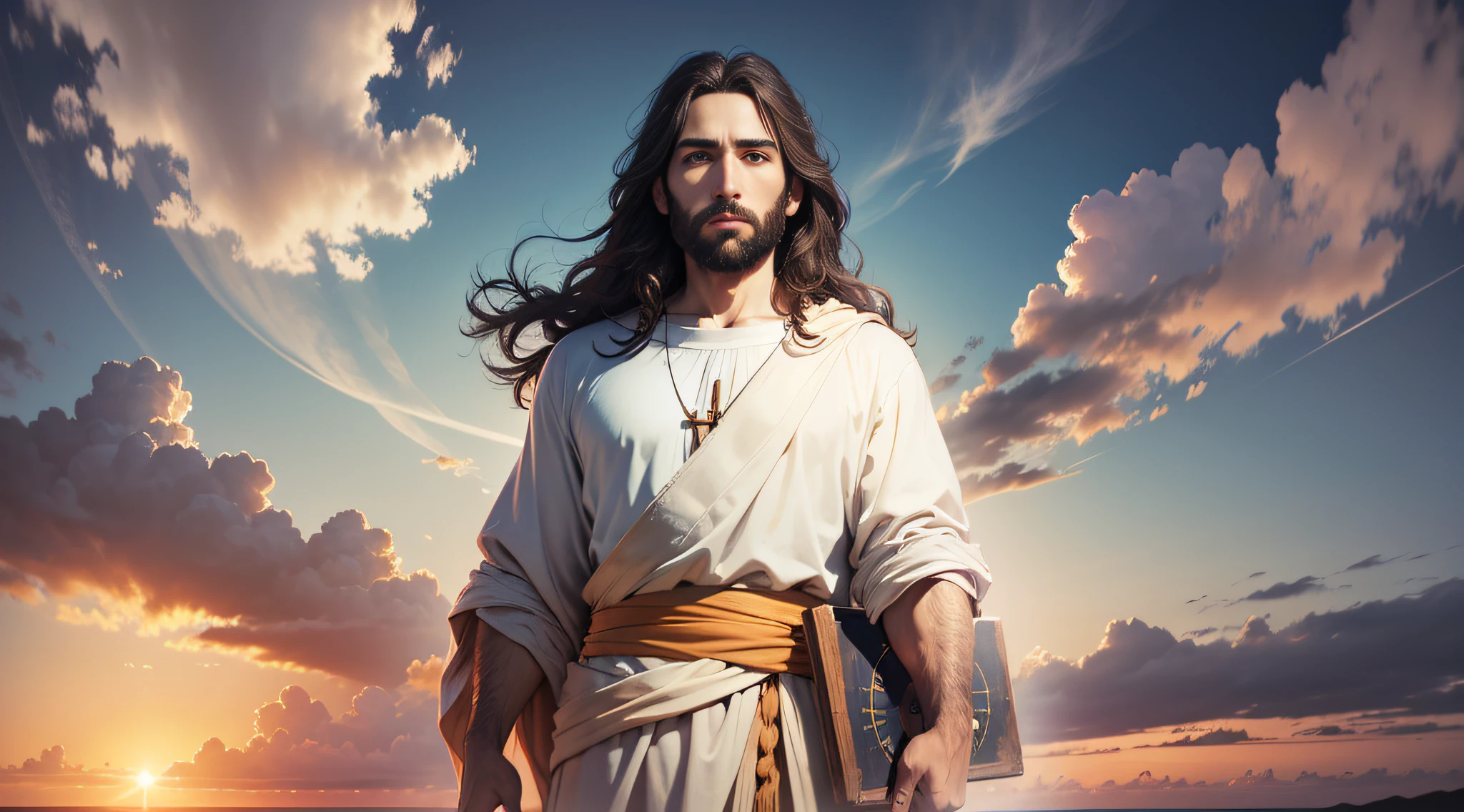 A portrait of Jesus, full body, sky, clouds, sunset, sacred aura, cinematic, realistic light