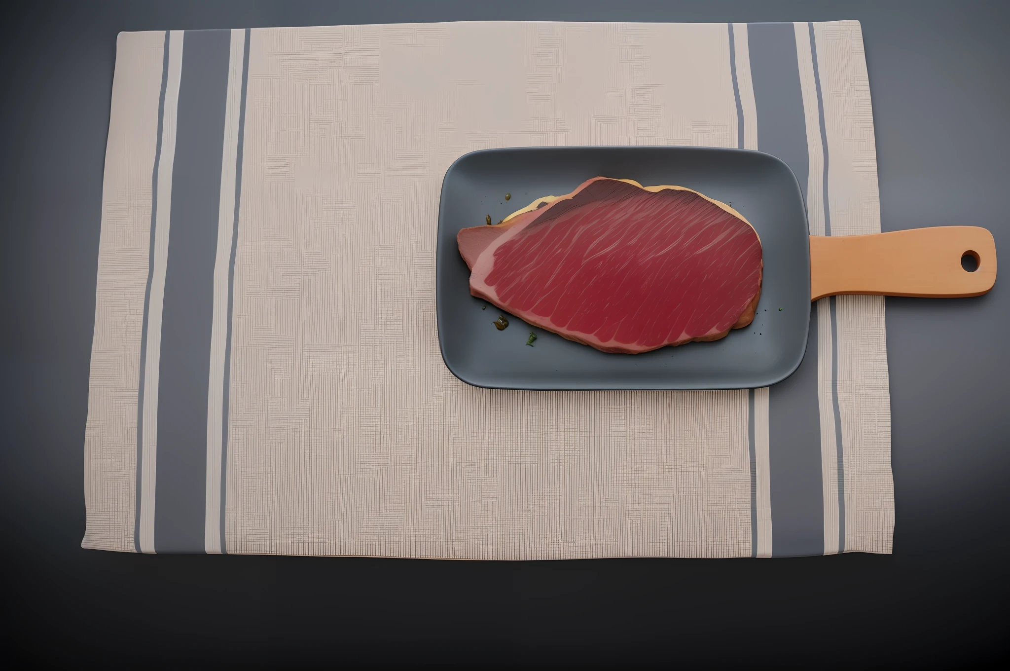 there is a steak on a plate with a wooden spoon, steak, steakpunk, by Etienne Delessert, hasselblatt, by Jakob Gauermann, beef, top - down photograph, by Dietmar Damerau, meat with veins, a hyper realistic, seen from straight above, served on a plate, high resolution product photo, by Kamisaka Sekka