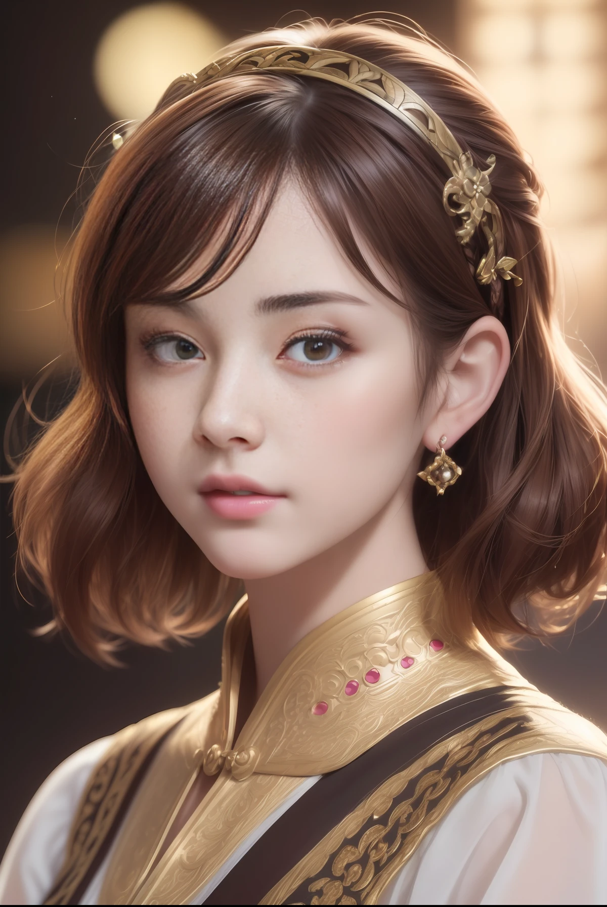 HD, 4K, professional photography, regular perspective, ((((colorful character screen))), close-up of a beautiful playful Chinese girl with short hair, black pupils, clear face, Chinese elegant girl, clean and tidy picture, crystal clear picture sense, (((((beautiful)))), (brown hair: 60), kawaii realistic portrait, upper body, upper body portrait, waist above photo, (front face photo: 20), brown braids, Realistic hair, brown headband, beautiful anime style, pure white background,gorgeous fur,intricately detailed gorgeous cheongsam,realistic anime art style, beautiful anime portrait, realistic art style, [stunning real face portrait, colorful]", vibrant fantasy style, cute art style, vibrant realistic color, object as the core, digital art, realistic style, live-action CG, looking at the audience, stunning visual masterpiece.