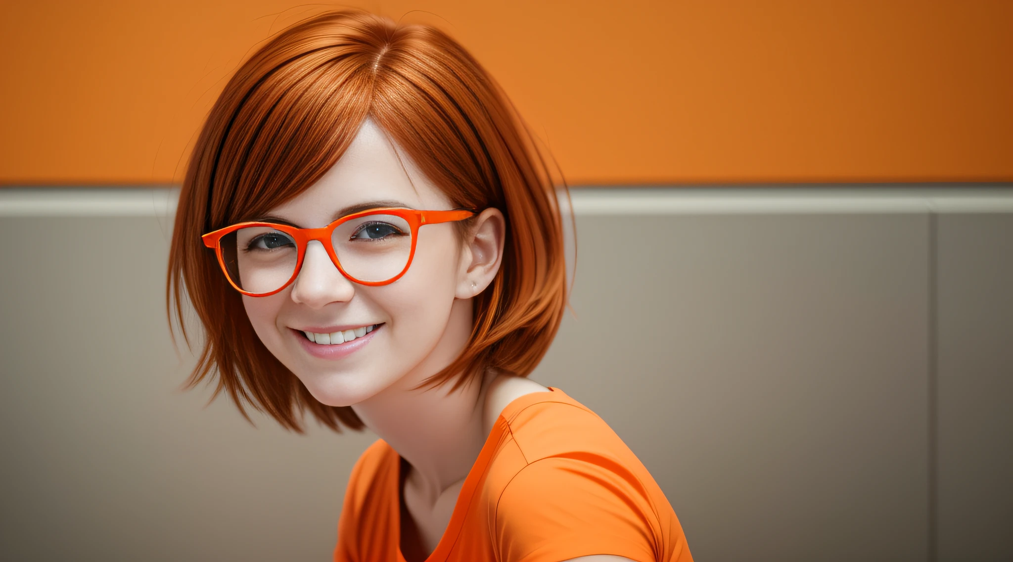ma character 27 year old woman wearing beautiful orange glasses and smiling wearing a plain orange mesh t-shirt, orange brown hair very short and spiky, leaning against an orange wall, pointing to the left, cinematic lighting, shallow depth of field, 8k uhd, DSLR, 35mm 1.8 lens, masterpiece, high quality, photorealistic, realism, hyperrealism, Art photography --auto --s2