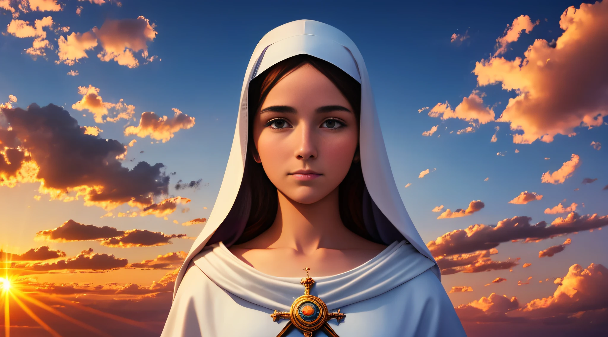 A portrait of Virgin Mary, whole body, sky, clouds, sunset, sacred aura, cinematic, realistic light