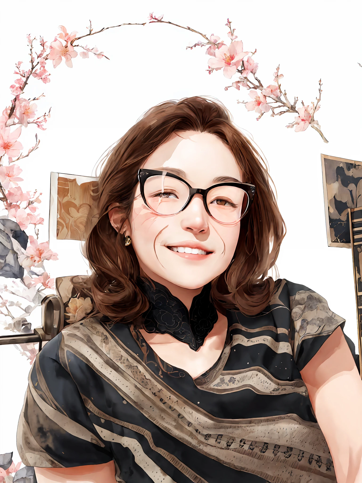 stechu,(white background:1.4), ((tachi-e)), original,(illustration:1.1),(best quality),(masterpiece:1.1),(extremely detailed CG unit 8K wallpaper:1.1), (color: 0.9),(panorama shot:1.4),(soil:1.2), (ink splashes),(color splashes),((watercolor)), clear and sharp focus,{1smiling woman in profile glasses},((Korean style)),flower background,outdoors,stones, looking at the viewer,  Make happy expressions,soft smile,pure,beautiful and detailed face and eyes,intricate and beautiful clothes,decorative pattern details,brown hair,black eyes,corágua