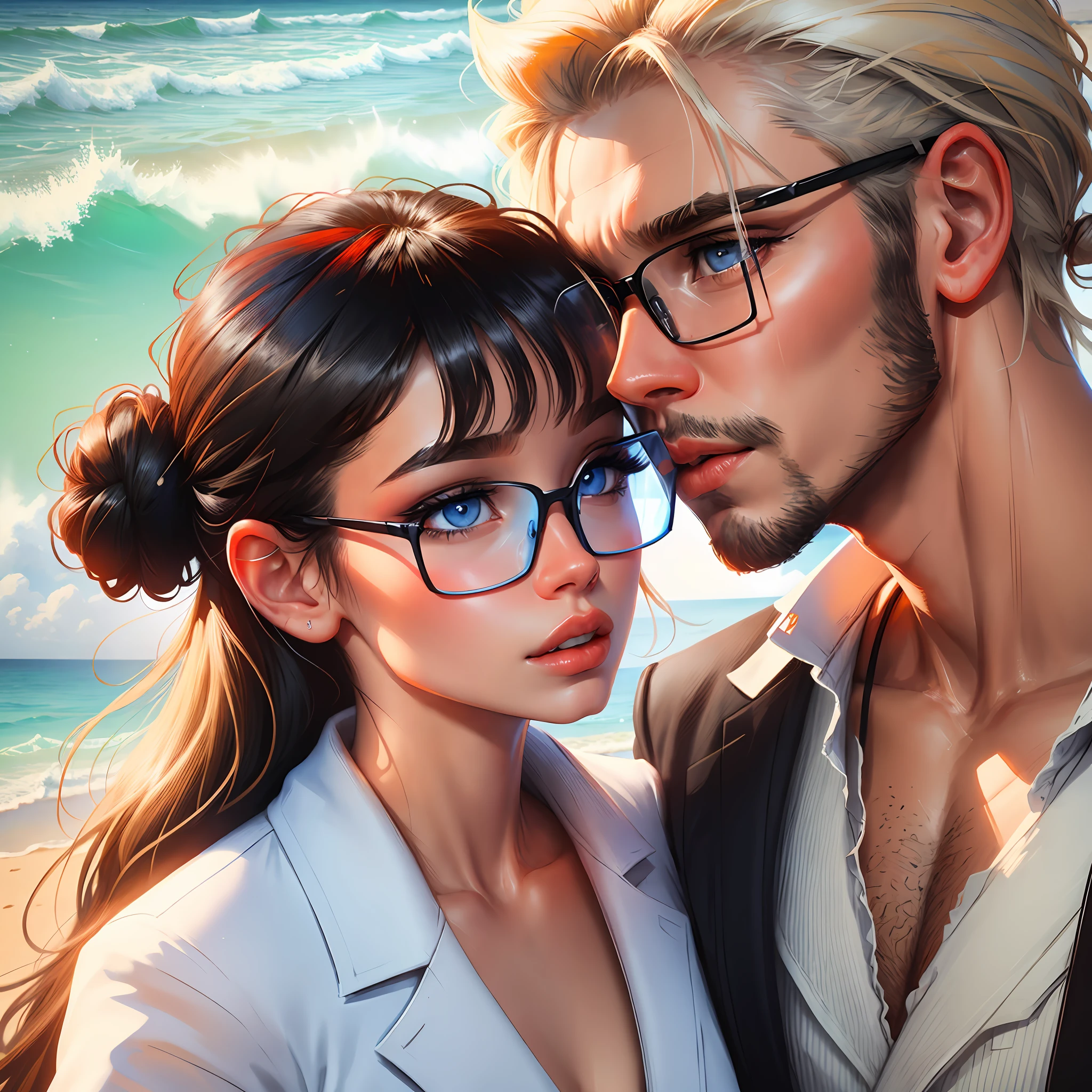 Girl with black hair,bun in hair, red lock in bangs on right side of hair, blue eyes,red eyeglasses, and kissing blonde haired man,blue eyes,eyeglasses,white suit on a beach, 4k ultra realistic --auto --s2