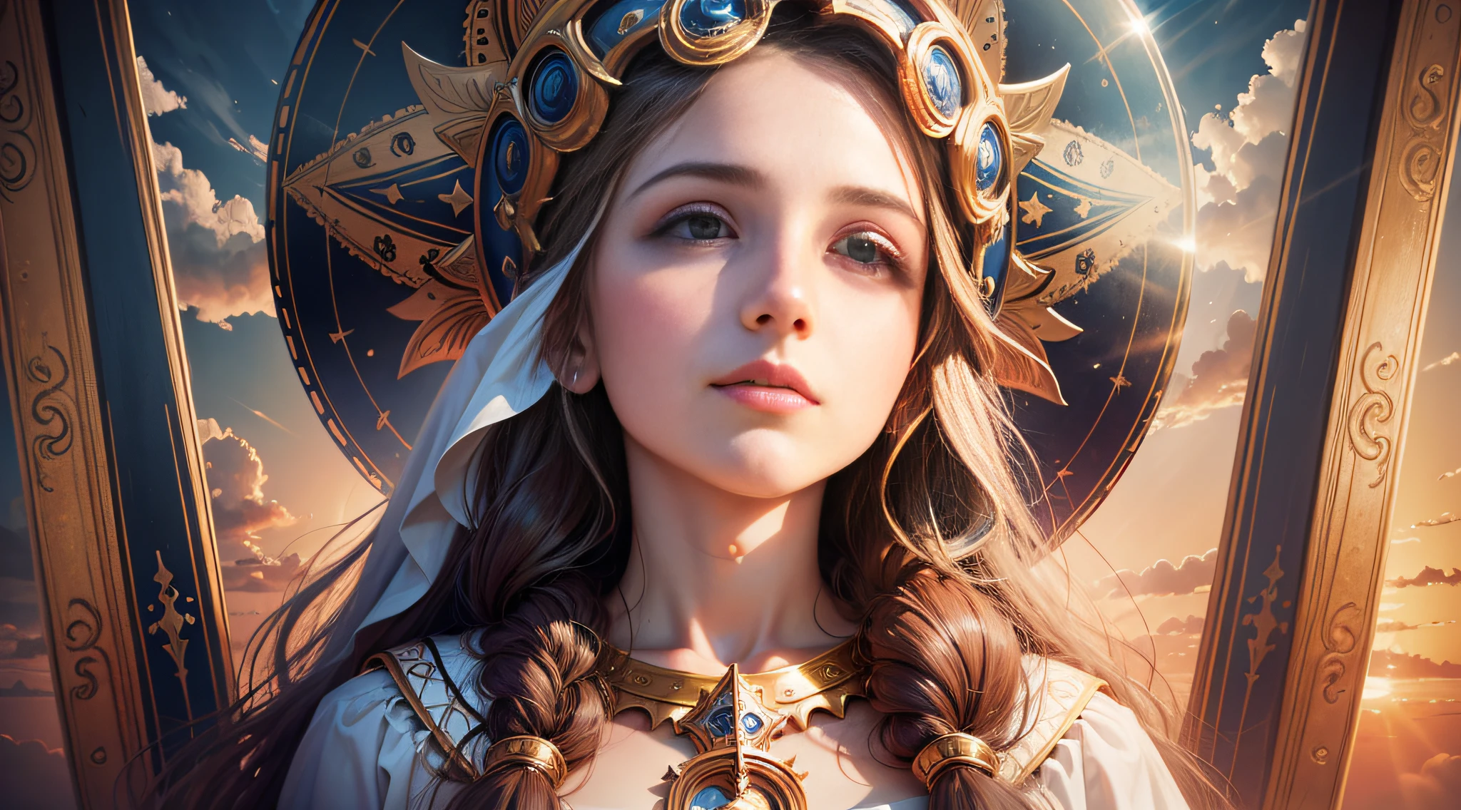 A portrait of Virgin Mary, whole body, sky, clouds, sunset, sacred aura, cinematic, realistic light