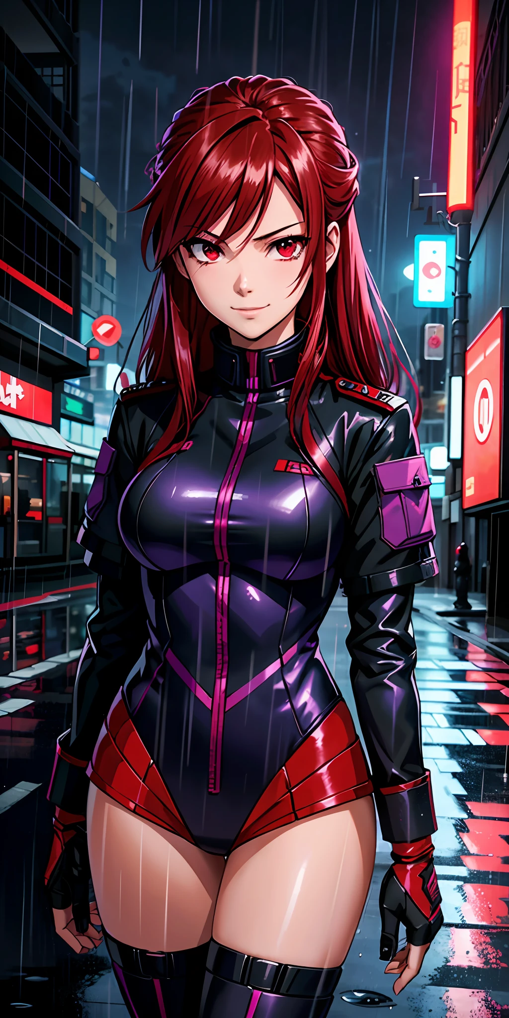 Coldest synthwave anime girl , Red hair , red eyes, war background , detail background, rain , rain detail , light , dark , character detail , assassin girl , military uniform, in the city , hand in double blade , girl in dark military uniform and purple neon light , his smile