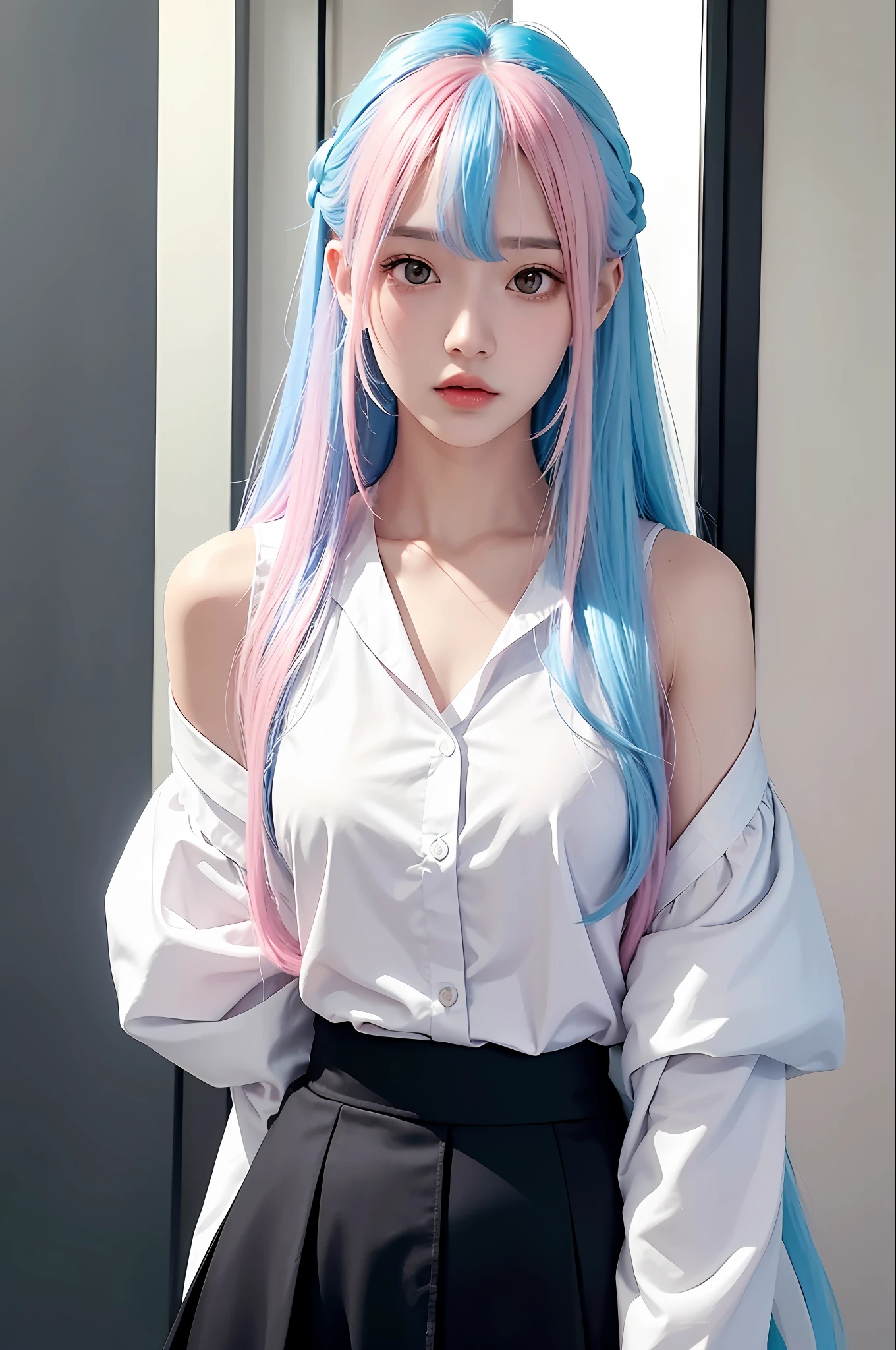 shoulder length of hair, white shirt, black skirt, 1girl,solo,odango hair, flashy hair, photorealistic, high resolution, 1 girl, golden and pink and light blue hair, colorful hair color, korean, tokyo, cowboy shot,