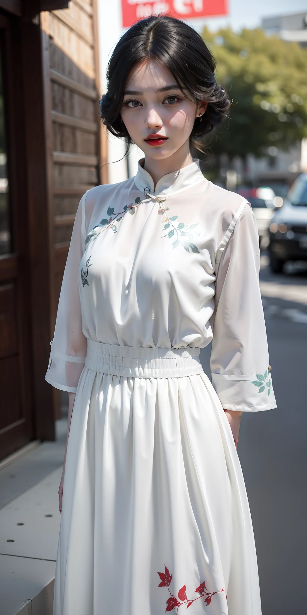 (white printed china dress),1 girl, (arms behind back:1.1),(realistic:1.7),((best quality)),absurdres,(ultra high res),(photorealistic:1.6),photorealistic,octane render,(hyperrealistic:1.2), (photorealistic face:1.2), (8k), (4k), (Masterpiece),(realistic skin texture), (illustration, cinematic lighting,wallpaper),( beautiful eyes:1.2),((((perfect face)))),(cute),(standing),(black hair),black eyes,red lips, (outdoors),