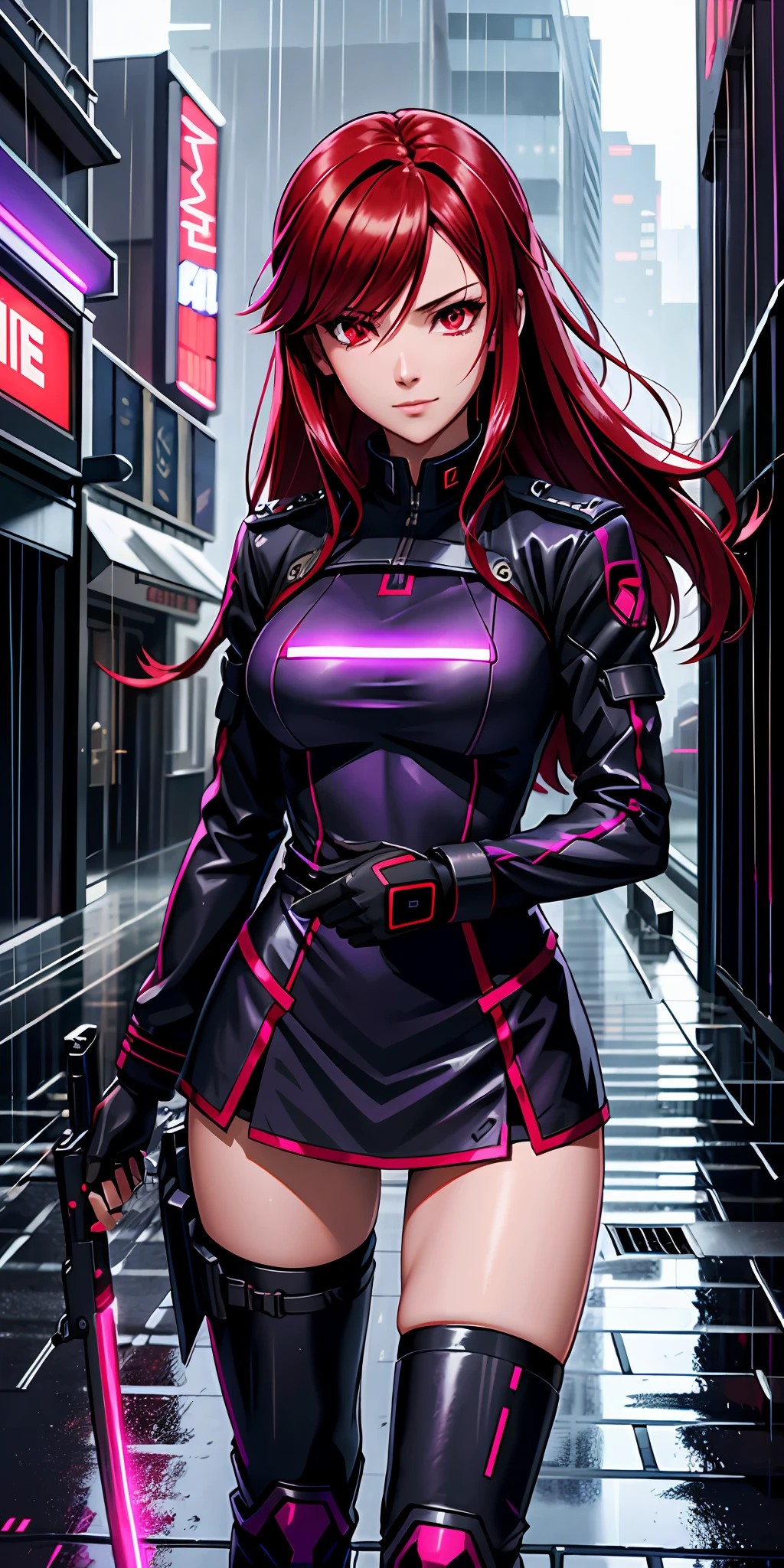 Coldest synthwave anime girl , Red hair , red eyes, war background , detail background, rain , rain detail , light , dark , character detail , assassin girl , military uniform, in the city , hand in double blade , girl in dark military uniform and purple neon light , his smile