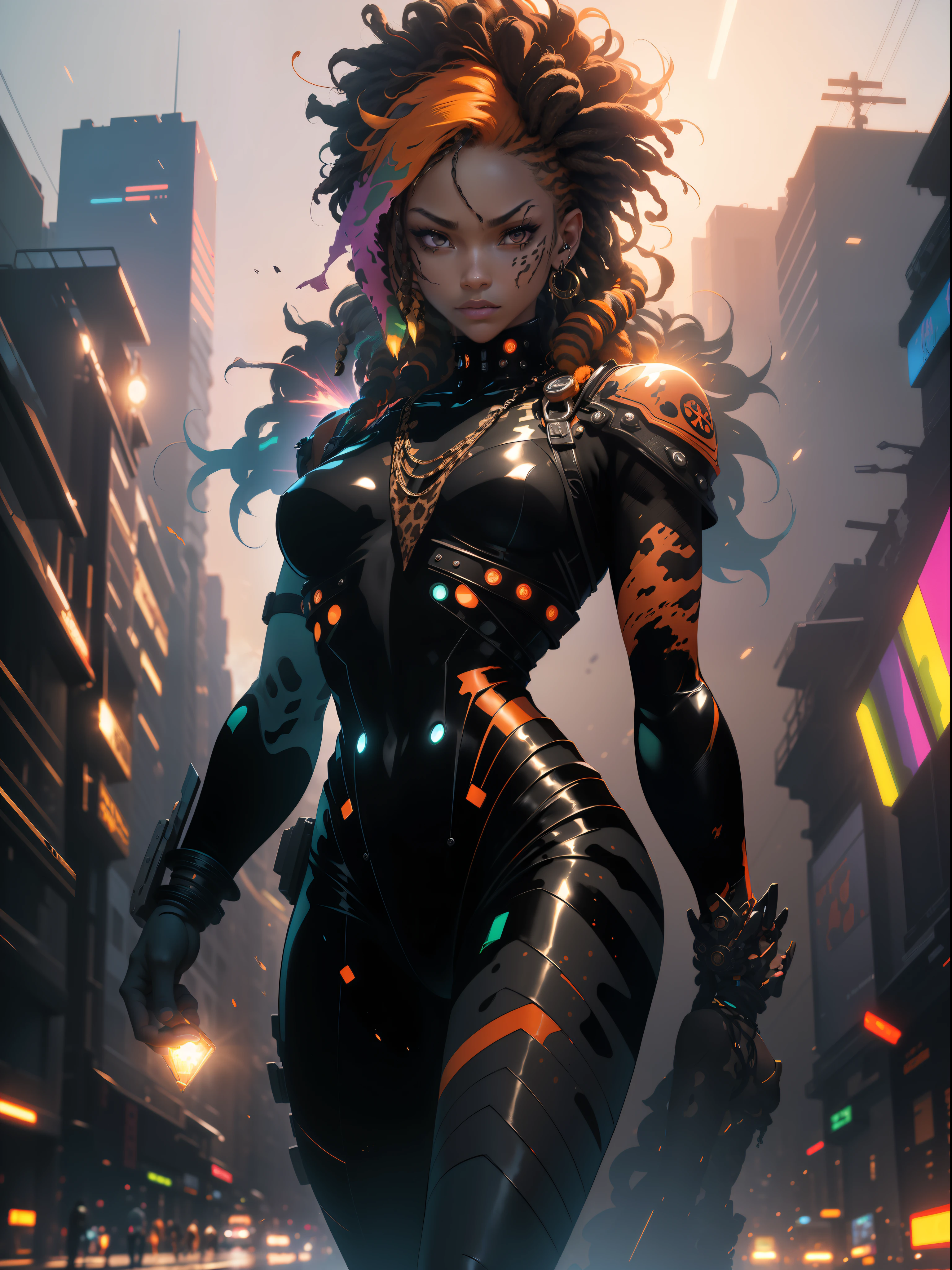 ((Best quality)), ((masterpiece)), (detailed: 1.4), (Absurd), Zulu warrior, leopard, African bracelets and necklaces, black skin, cybernetic hands, Clothing with leopard skin camouflage, explosion of colors, cosmic tattoo, nebulous, sculptural body defined muscular, whole body, half thick naked thighs, closed mouth, body covered by technological clothing, Neon Genesis Evangelion style, cyberpunk, generous neckline, ((perfect medium breasts)), (super light brown eyes), ((clothing with leopard skin camouflage)), (((black and orange hair with Rastafari locks)), long and black eyelashes heavy makeup, various African jewelry, bare legs, by mucha, niji --V5, close to real, psychopath, crazy face, sexy pose, fractal background, 2 piece clothing, pastel, centered, scale to fit the dimensions, HDR (High Dynamic Range), Ray Tracing,NVIDIA RTX,Super-Resolution,Unreal 5,Subsurface Dispersion, PBR Texture, Post-processing, Anisotropic Filtering, Depth of Field, Maximum Clarity and Sharpness, Multilayer Textures, Albedo and Specular Maps, Surface Shading, Accurate Simulation of Light-Material Interaction, Perfect Proportions, Octane Render, Two-Tone Lighting, Wide Aperture, Low ISO, White Balance, Rule of Thirds, 8K RAW, Crysisnanosuit