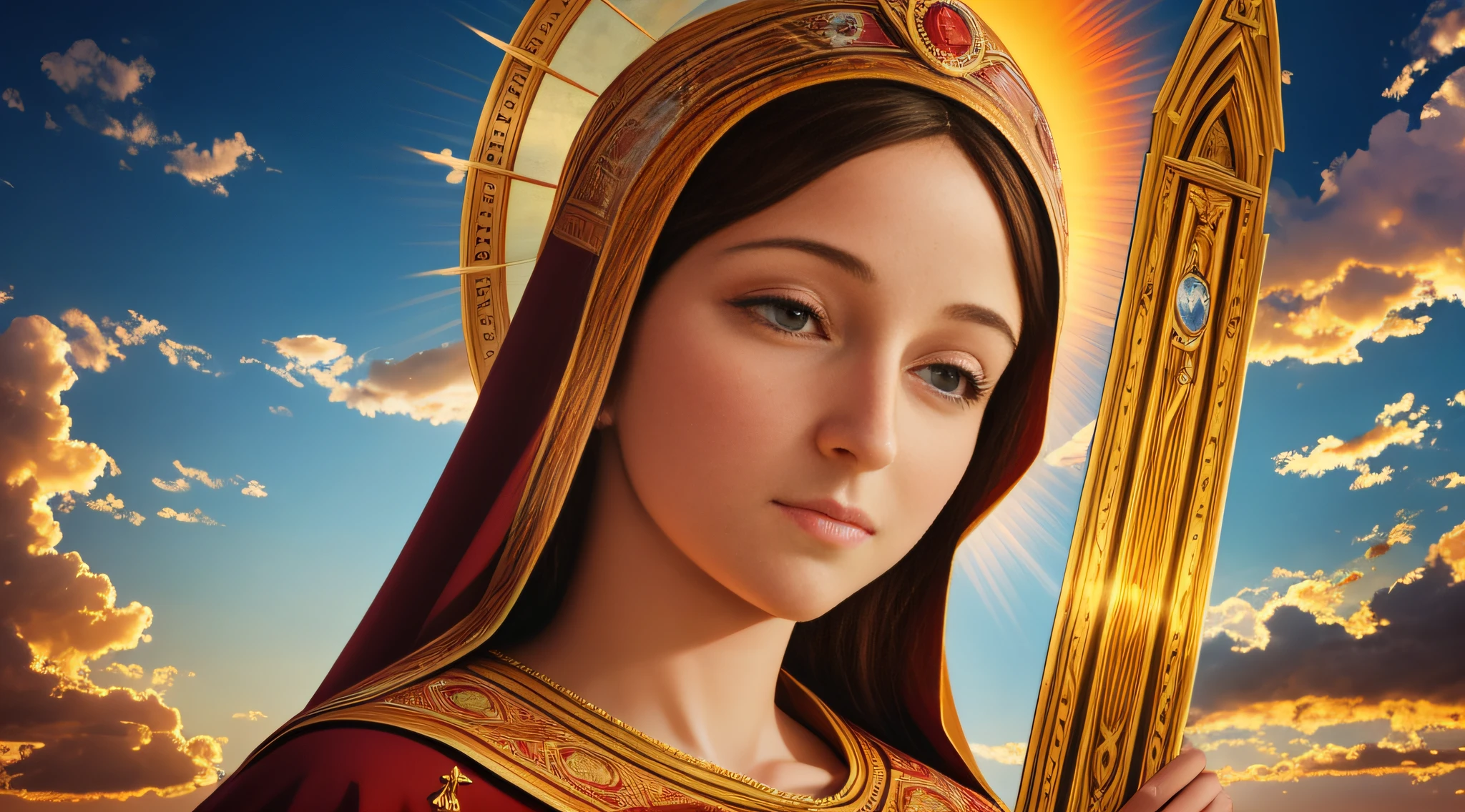 A portrait of Virgin Mary, whole body, sky, clouds, sunset, sacred aura, cinematic, realistic light