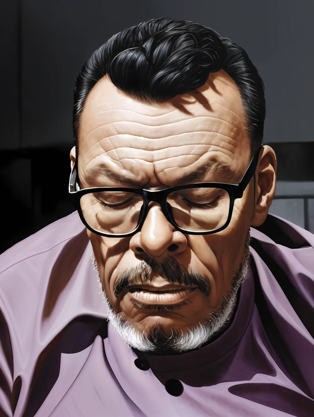 guttonerdvision4, worn man, old house, eyes closed, sitting in comfortable armchair, cold and sterile, lifeless, gloomy, illustration by Alex Ross