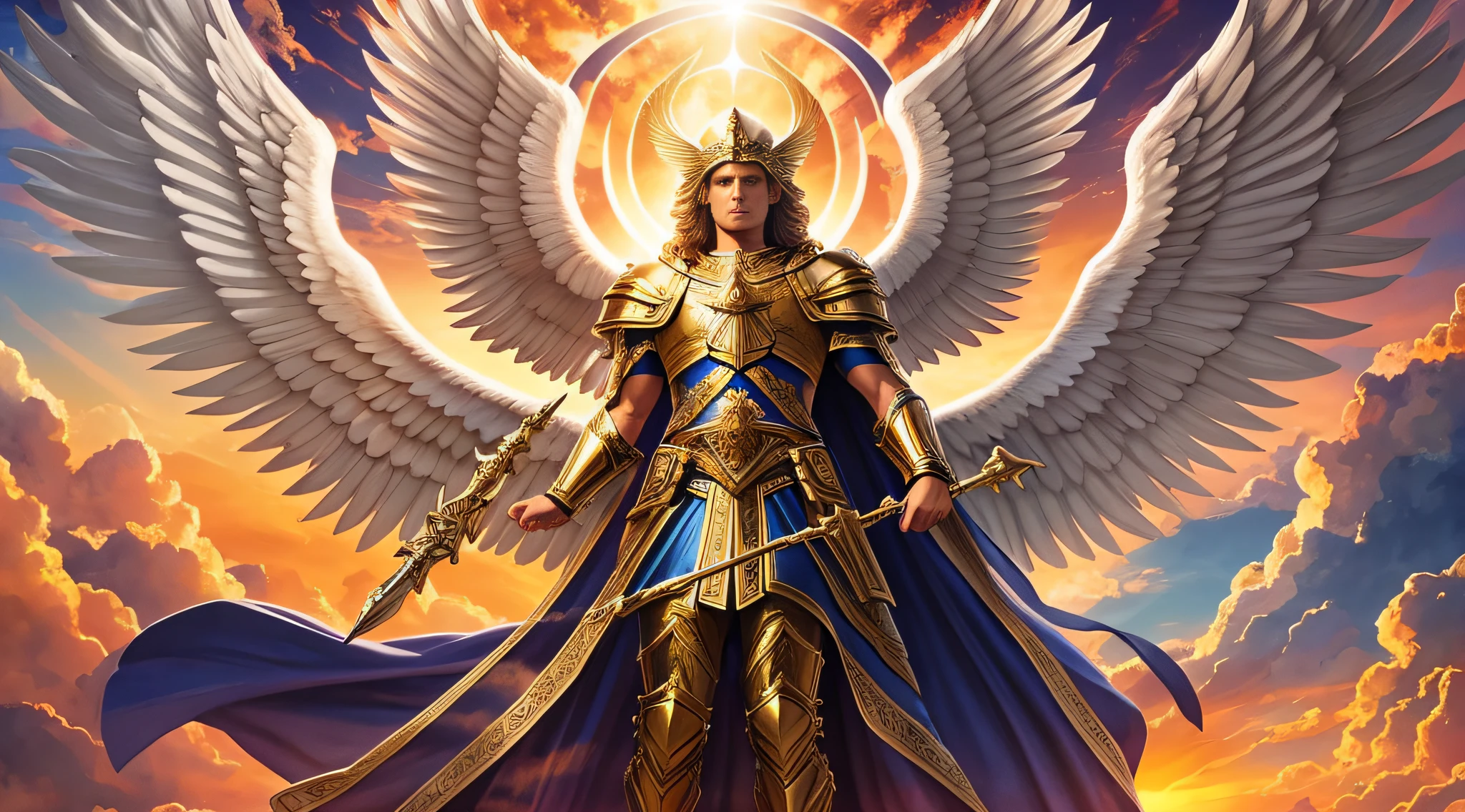 A portrait of Archangel Michael, full body, sky, clouds, sunset, sacred aura, cinematic, realistic light