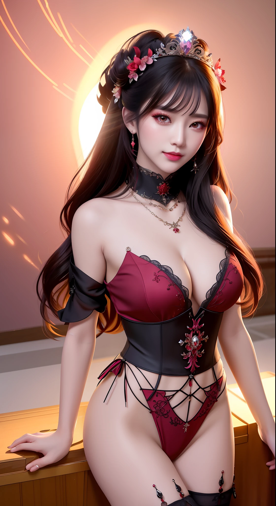 best quality, masterpiece, highres, 1girl, hanfu, white and even teeth, red irises, chinese underwear, hair ornaments, necklace, jewelry, crown jewelry. Pretty face, magic import style, tyndall effect, photo realistic, dark studio, border light, two-tone light, (high-detail skin: 1.2), 8k uhd, dslr, glow soft light, high quality, volumetric light, candid, Photo , high resolution, 4k, 8k, Bokeh, (light pink lips), 1 beautiful demon from hell, In the Dark: 1.6), surreal full body women by David Hockney and Alphonse Mucha, fantasy art, photorealism, dynamic lighting, station art, posters, volumetric lighting, highly detailed faces, super 8k , Awarded, in the dark, dark, low light, cowboy lens, (red phoenix dress: 1.4), long hair, black hair, bust, luxury palace, royal style family style, devil's crown, red eyes with very sharp and detailed makeup, Most beautiful face, Very round and firm breasts, Surreal, chinese women's long clothes, charming smile Charming, Pretty eye makeup, guweiz, mesh stockings with laces attached to waist lace socks, thigh-length tops, dark red turtleneck turtleneck, ponytail with bow at the back, dark red lips, tattoo Demon on shoulder, overcast and thunderous landscape, (full body), Close-up of main character, (Hell background details 1.8), lace-up waist socks, medium-sized butt,