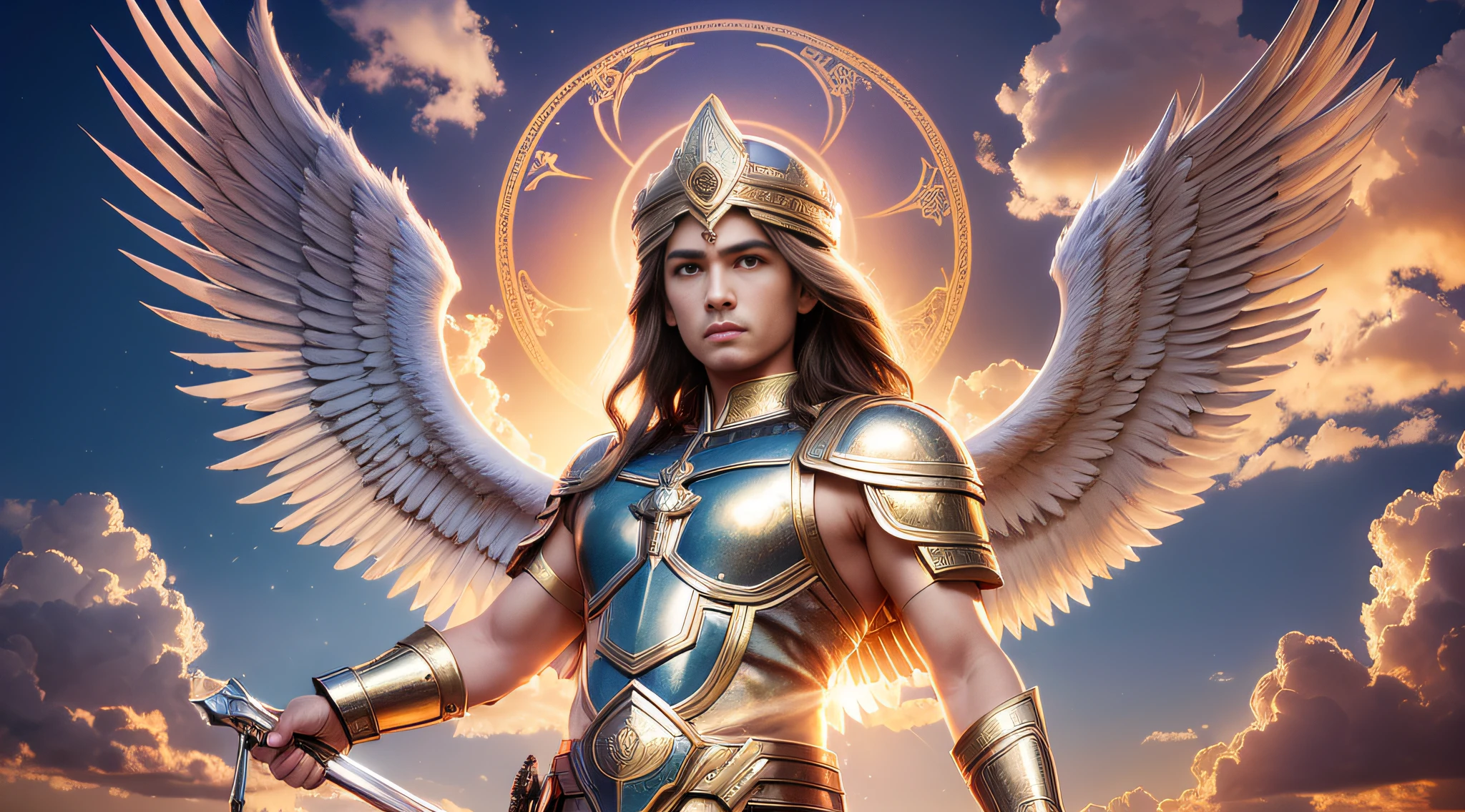 A portrait of Archangel Michael, full body, sky, clouds, sunset, sacred aura, cinematic, realistic light