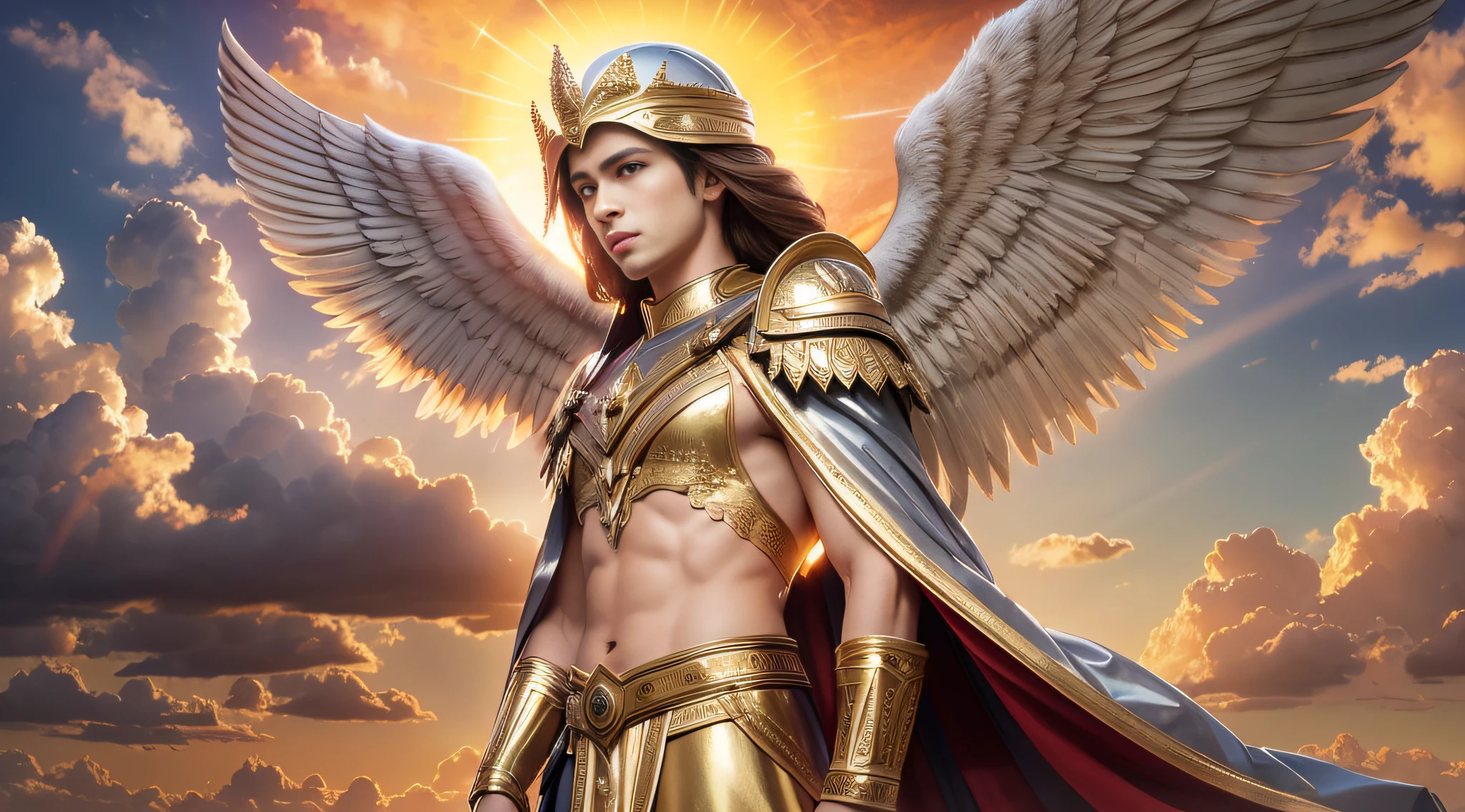 A portrait of Archangel Michael, full body, sky, clouds, sunset, sacred aura, cinematic, realistic light
