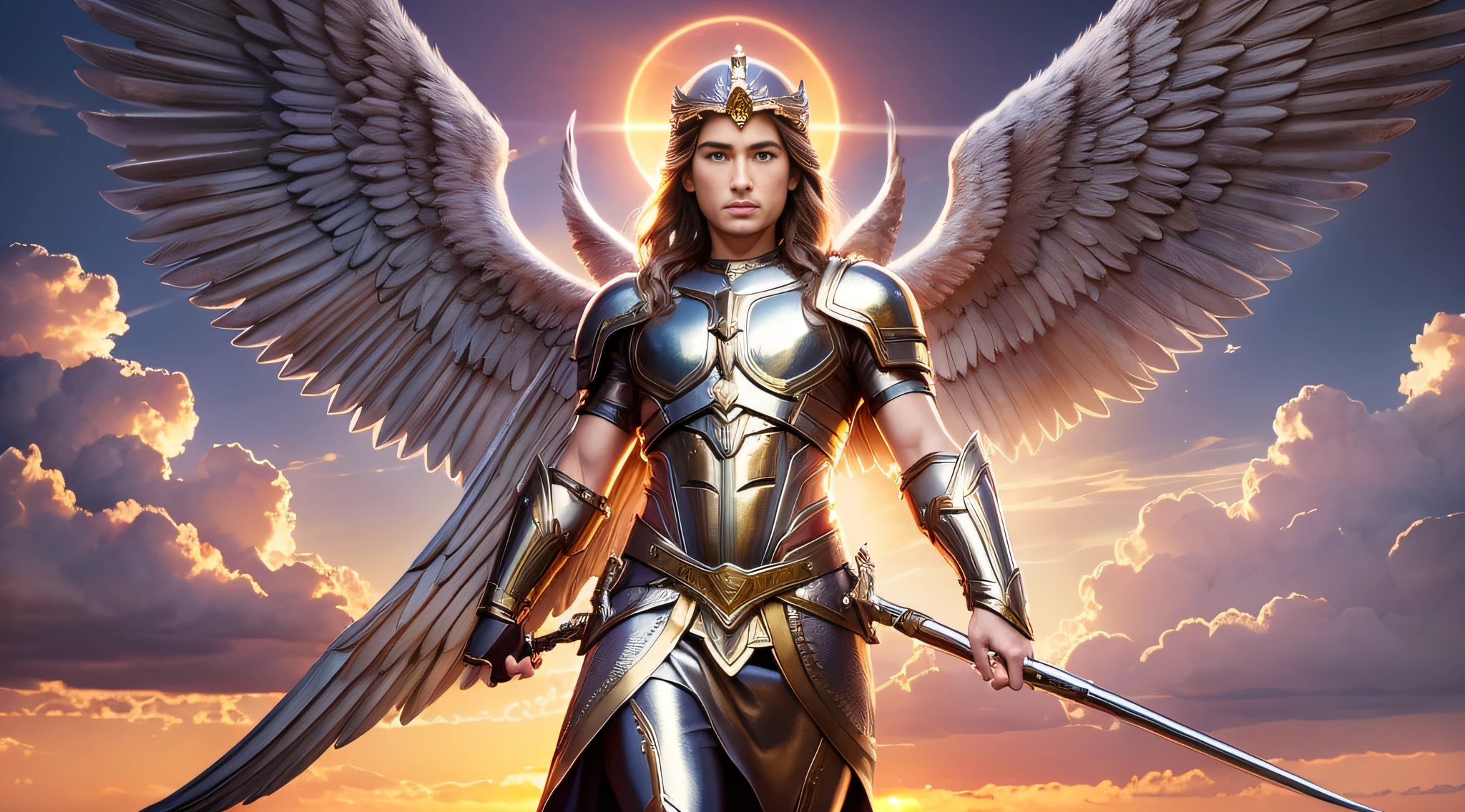 A portrait of Archangel Michael, full body, sky, clouds, sunset, sacred aura, cinematic, realistic light