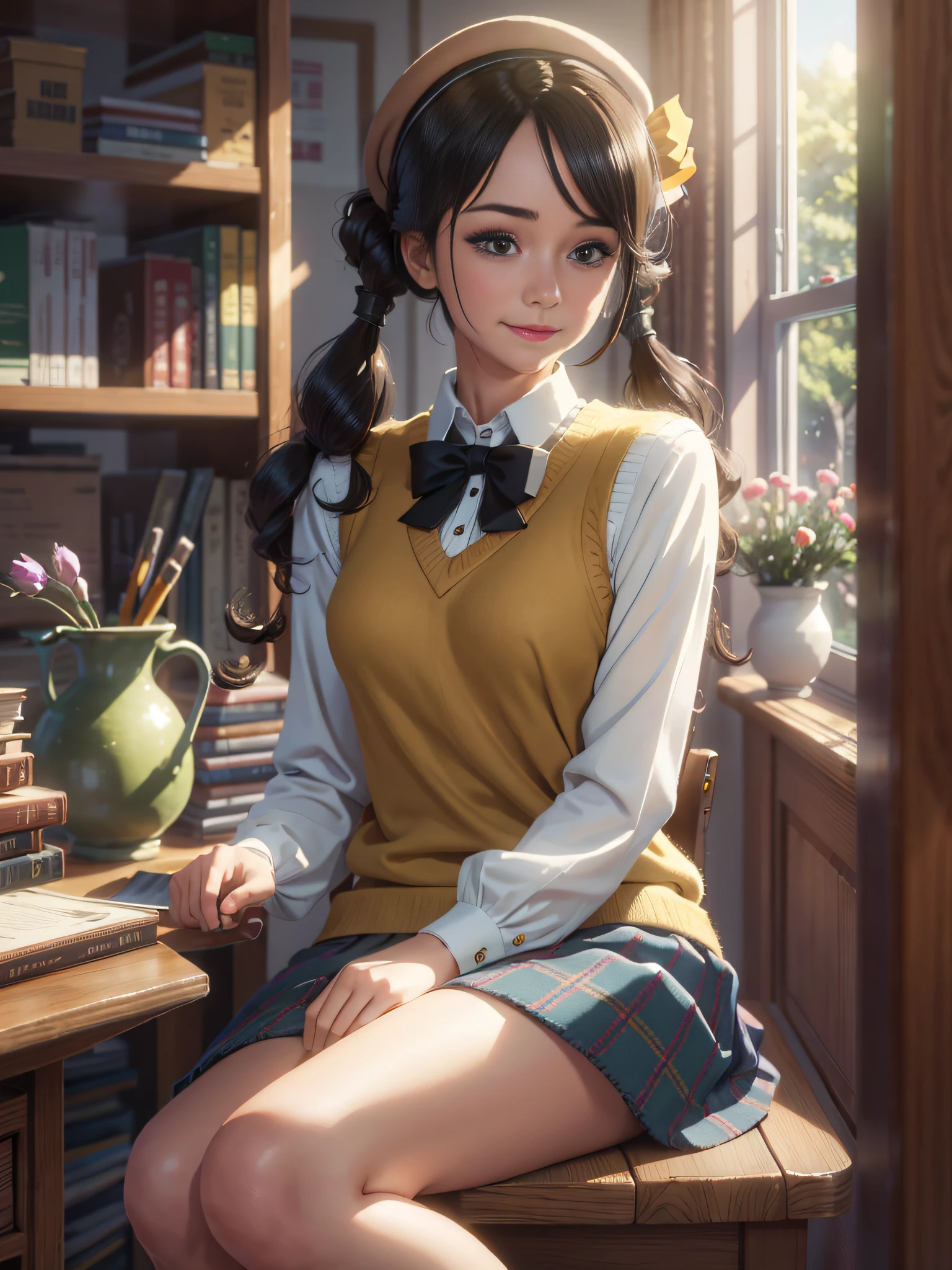 masterpiece, best quality, best quality, an extremely delicate and beautiful, highres, Amazing, finely detail,Depth of field, extremely detailed CG unity 8k wallpaper, 1girl, indoor, library, beauty, beautiful detailed eyes, long black hair, twintails, smiling, berets, yellow knitted sweater vest, long skirt, blouse, holding flowers, vase on desk, sitting on desk, front, upper legs, Tyndall effect, smooth lights,