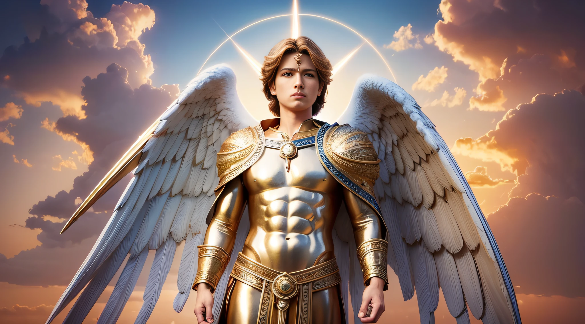 A portrait of Archangel Michael, full body, sky, clouds, sunset, sacred aura, cinematic, realistic light
