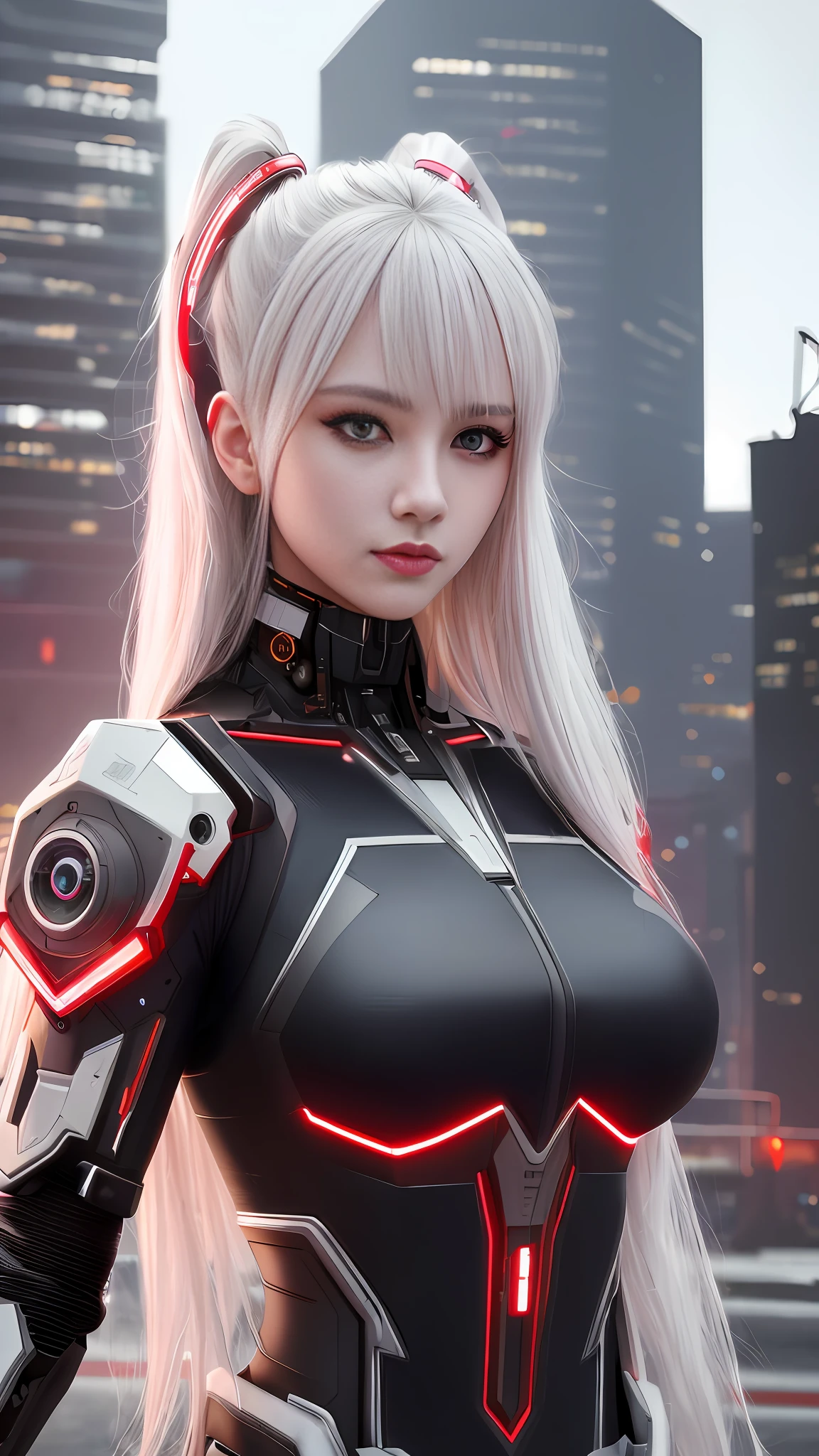 (8k, masterpiece, best quality), ultra-detailed, detailed beautiful round eyes, beautifully detailed face, high quality, high resolution, cyberpunk girl, massive breast, mecha, ruins, perfect anatomy, white hair, perfect face, nighttime, red moon background