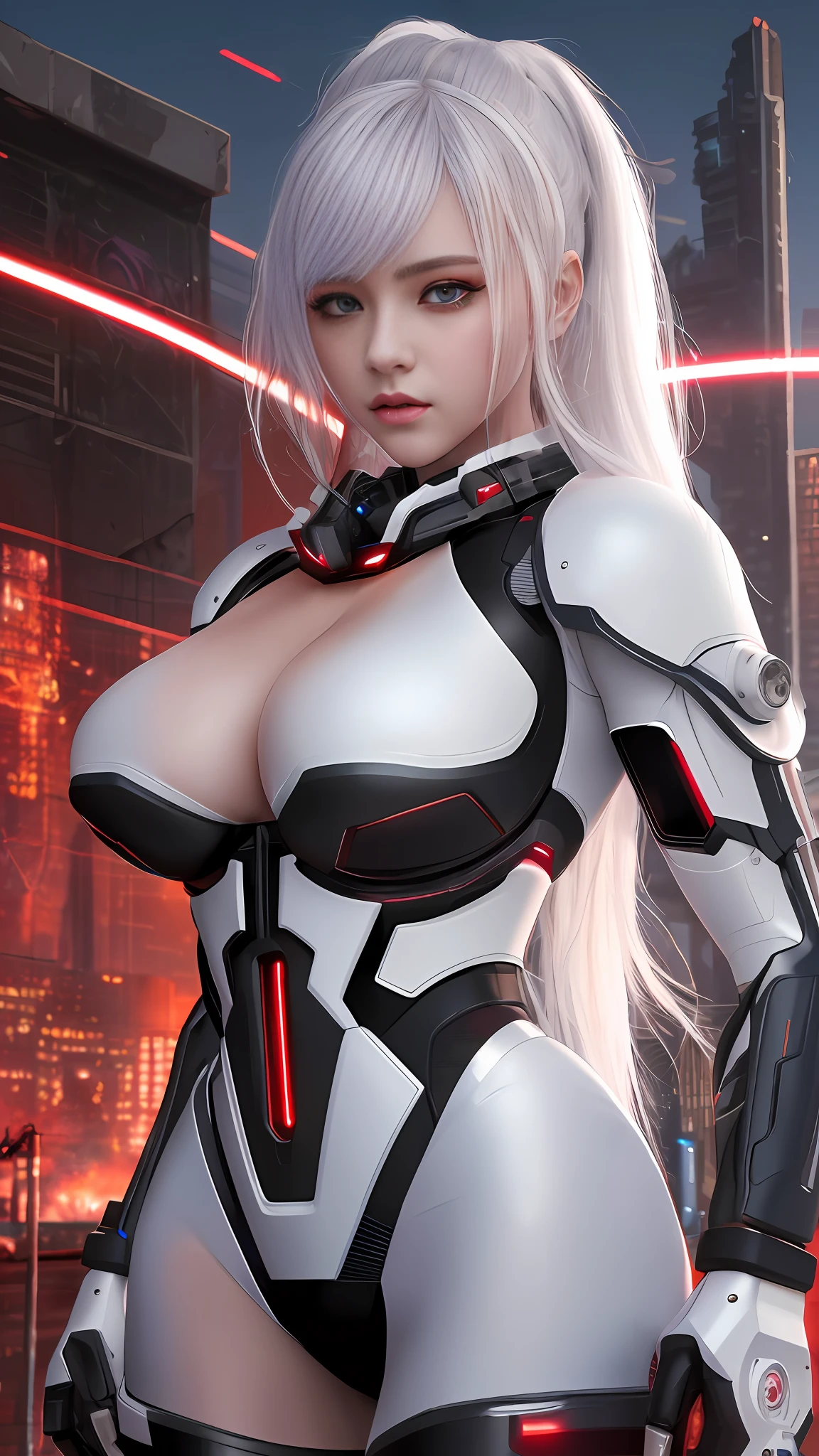 (8k, masterpiece, best quality), ultra-detailed, detailed beautiful round eyes, beautifully detailed face, high quality, high resolution, cyberpunk girl, massive breast, mecha, ruins, perfect anatomy, white hair, perfect face, nighttime, red moon background