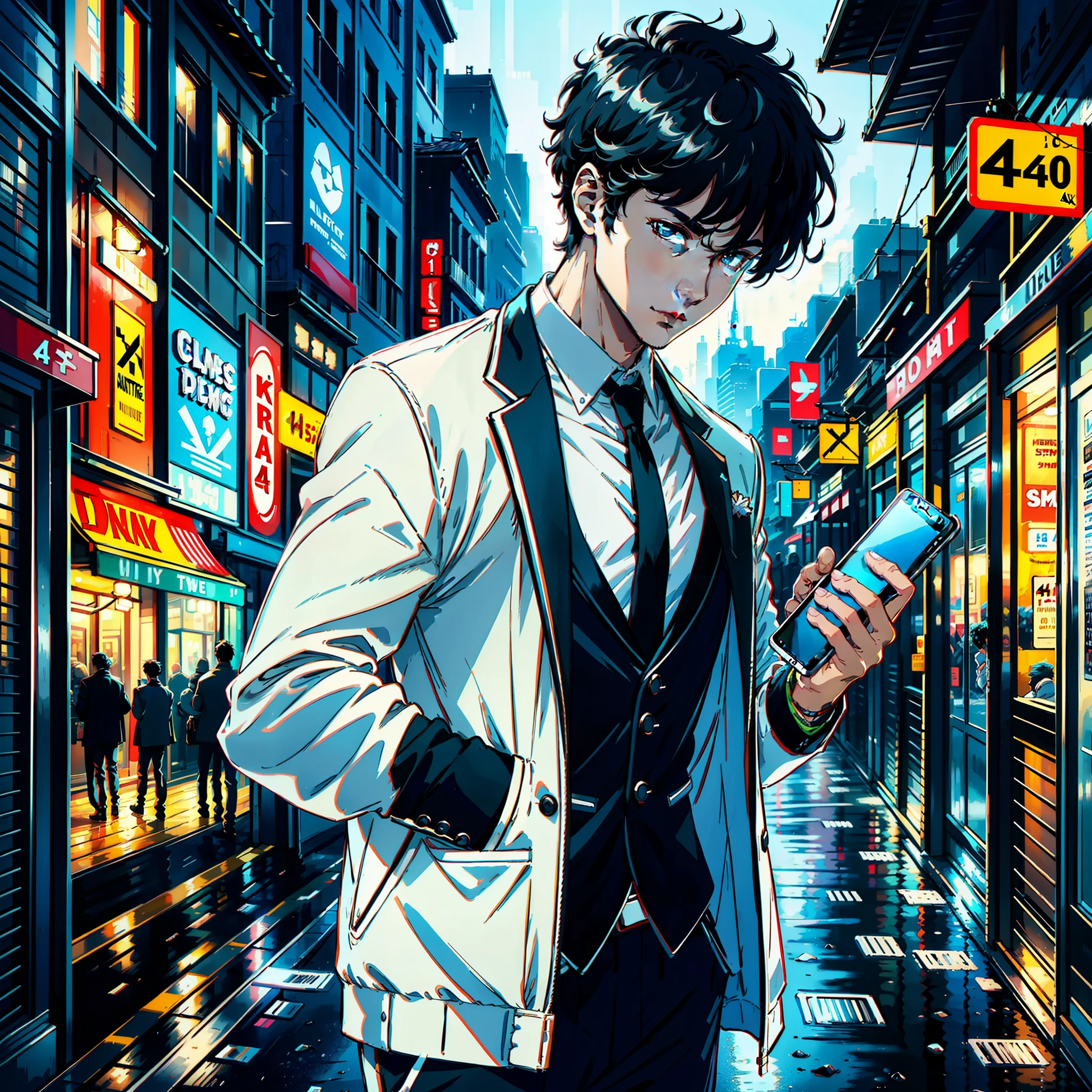 A handsome boy looking at a phone in his hand, looking at a phone, holding a phone in his hand, a mobile phone, super high detail, eyes looking at the phone screen, white sports jacket, short black hair, by the street, super high detail, high real, 4K, chiaroscuro, super detail