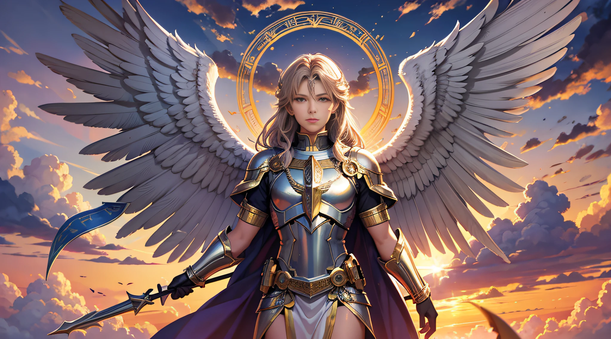 A portrait of Archangel Michael, full body, sky, clouds, sunset, sacred aura, cinematic, realistic light