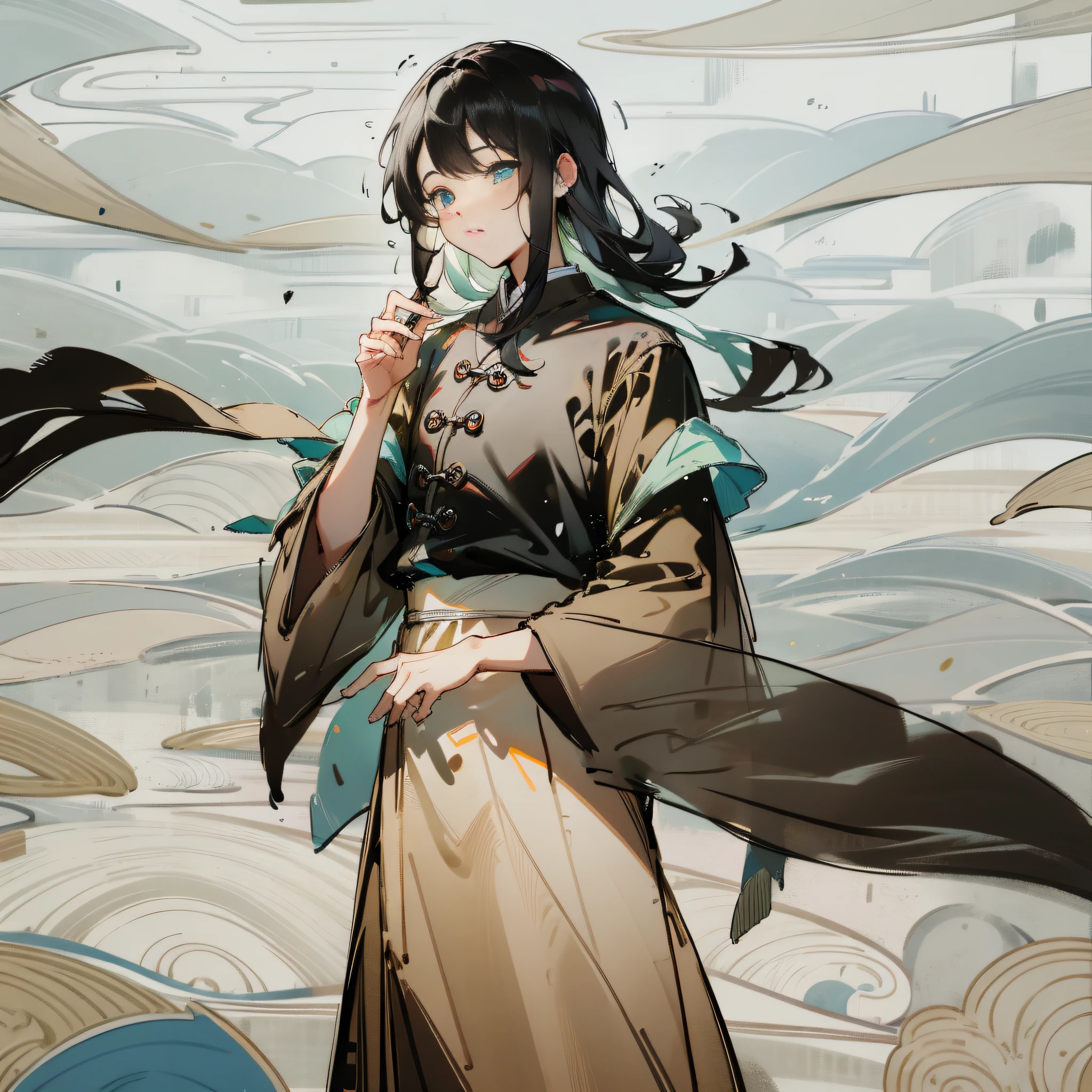 ((masterpiece)), best quality, ultra-detailed, extremely realistic 3D character model, 仙侠场景,金甲战神,(1man), 庄重威严,神秘气息,(玄门+秘传+道家:1.3+佛家:0.8+儒家:0.8),wuxia clothes,:(black clothing:1.2+gold edges:1.1),ancient buildings,high mountain views,floating clouds,early morning light.