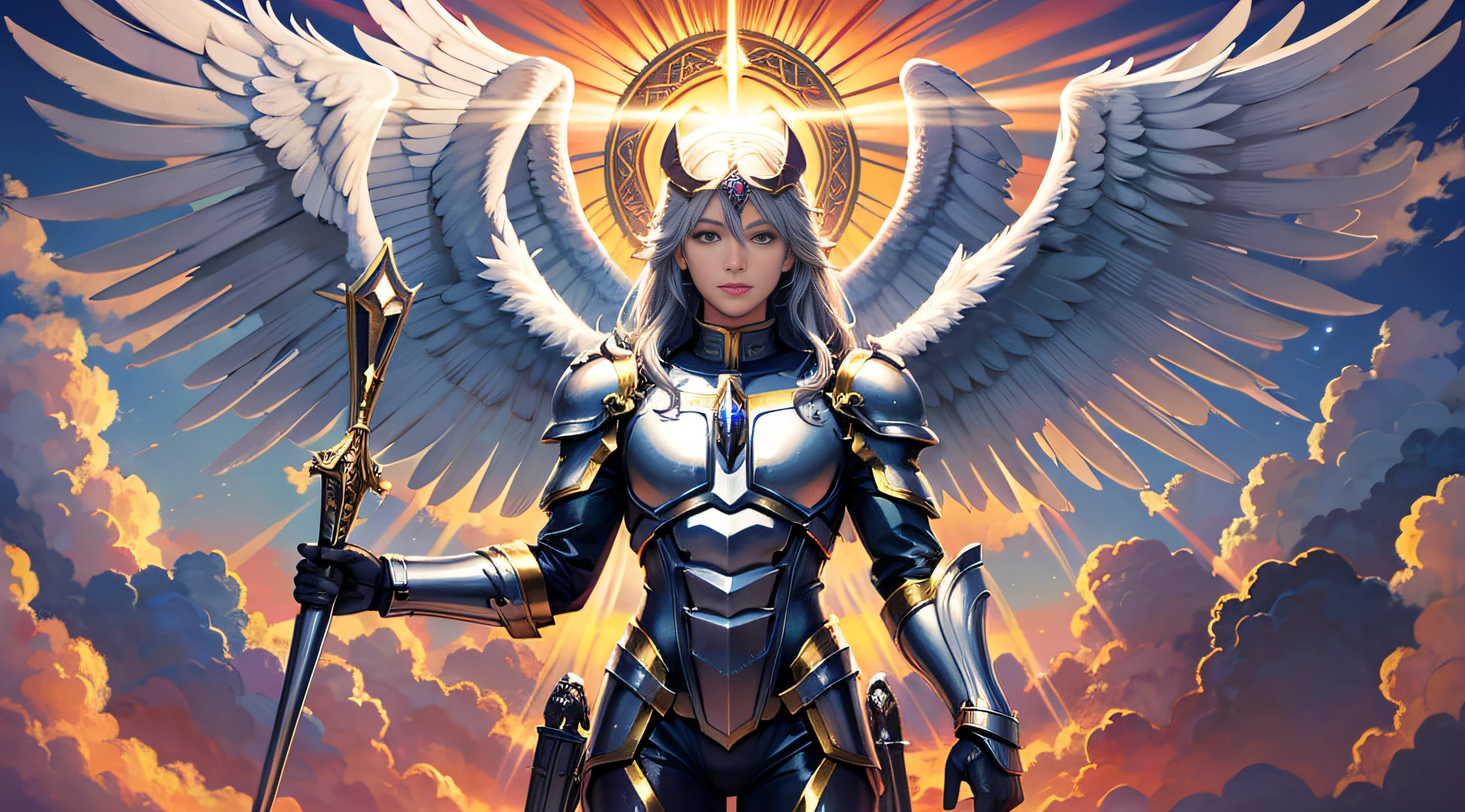A portrait of Archangel Michael, full body, sky, clouds, sunset, sacred aura, cinematic, realistic light
