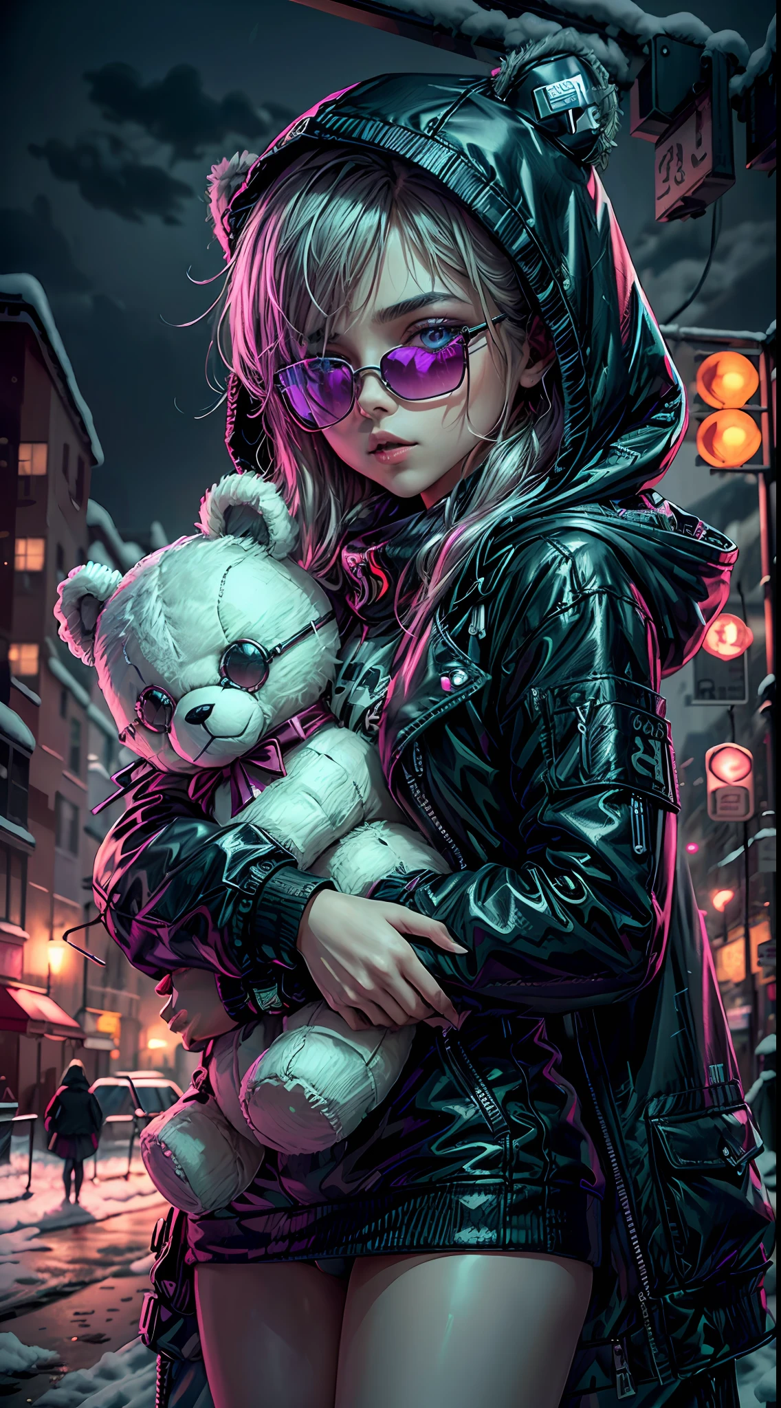 ((Best Quality)), ((Masterpiece)), (Very Detailed: 1.3), 3D, NeonNoir, Beautiful Cyberpunk Loli, (Holding a Giant Teddy Bear: 1), (With Sunglasses: 1.2), (Diamond-shaped Pupils: 1.2), Heart-shaped, Wearing a Long Hood Cloak, (Wearing a Hood: 1.2), Purple Neon on Monitor, Colorful Neon Sign on the Wall, Street Lamp, (White Emanence: 1.1), Contemptuous Eyes, Standing on the street, snowy scene, Sony master shot,