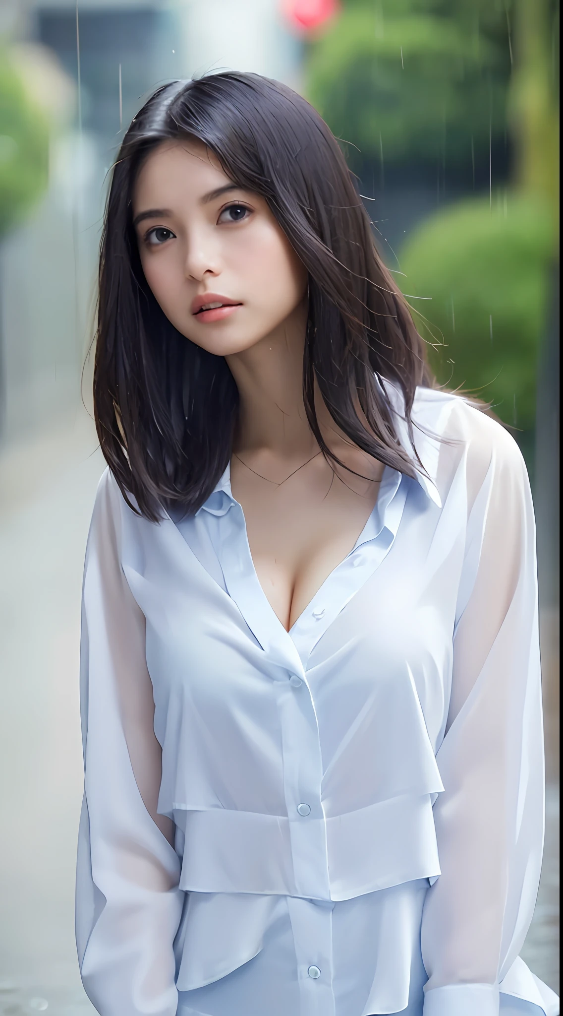 ((Best quality, 8k, Masterpiece: 1.3)), Sharp focus: 1.2, A beautiful woman with perfect body: 1.4, Slim abdomen: 1.2, ((Layered haircut, Large breasts: 1.2)), (no bra) (Small and beautiful hard nipple) (Thin and damp button up to shirt length: 1.1), (White shirt wet by rain), (Rain, Street: 1.2), Wet body: 1.1, Highly detailed face and skin texture, Detailed eyes, Double eyelid, tanned skin, sexy, tan, dark skin, tanned body, exposed shoulders, cleavage