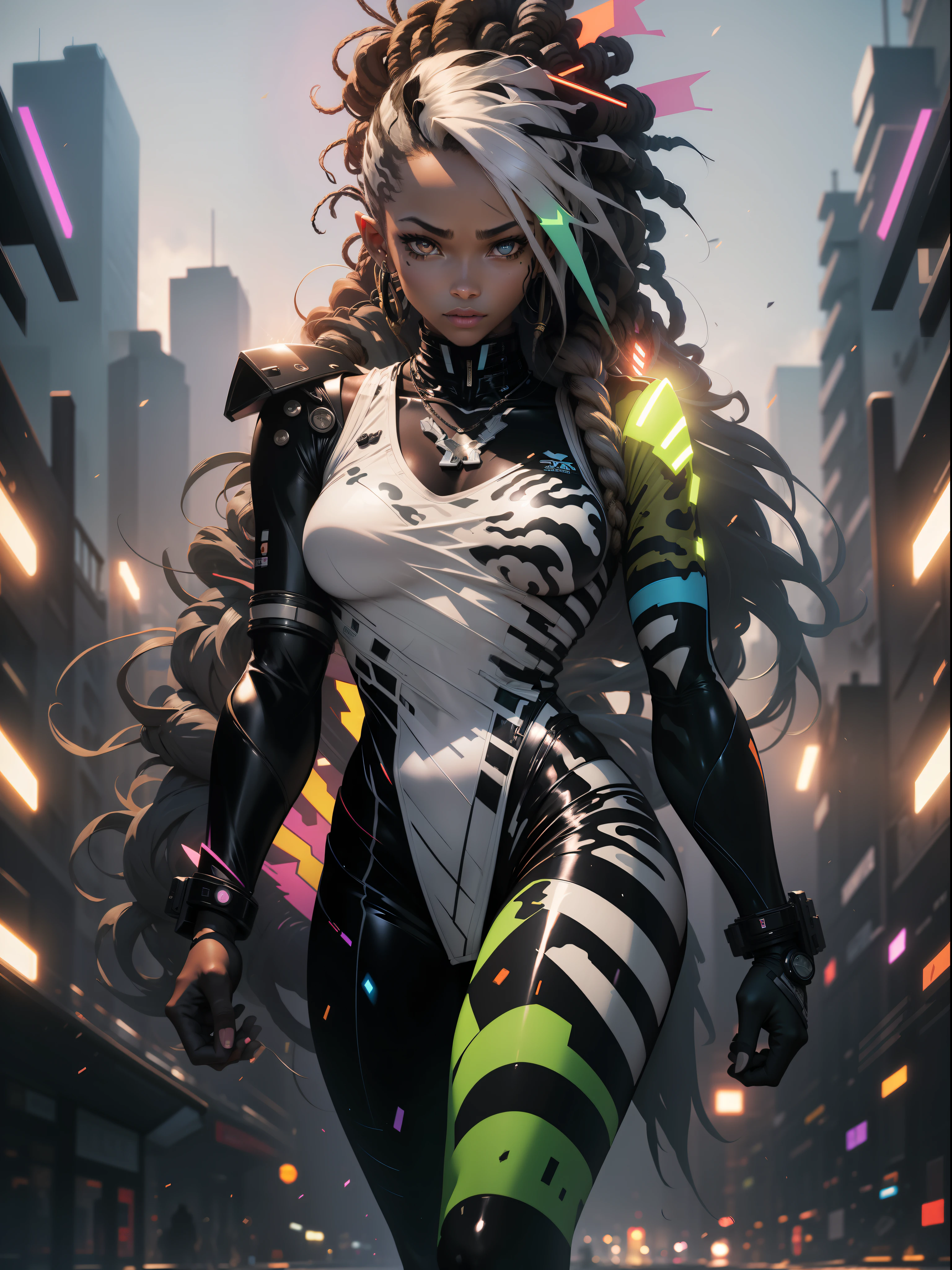 ((Best quality)), ((masterpiece)), (detailed: 1.4), (Absurd), Zulu warrior, zebra, African bracelets and necklaces, black skin, cybernetic hands, Clothing with zebra skin camouflage, explosion of colors, cosmic tattoo, nebulous, sculptural body defined muscle, whole body, half thick naked thighs, closed mouth, body covered by technological clothing, Neon Genesis Evangelion style, cyberpunk, generous neckline, ((perfect medium breasts)),  (super light brown eyes), ((clothing with zebra skin camouflage)), (((black and white hair with dreadlocks)))), long and black eyelashes heavy makeup, various African jewelry, bare legs, by mucha, niji --V5, close to real, psychopath, crazy face, sexy pose, fractal background, 2 piece clothing, pastel, centered, scale to fit the dimensions, HDR (High Dynamic Range), Ray Tracing,NVIDIA RTX,Super-Resolution,Unreal 5,Subsurface Dispersion, PBR Texture, Post-processing, Anisotropic Filtering, Depth of Field, Maximum Clarity and Sharpness, Multilayer Textures, Albedo and Specular Maps, Surface Shading, Accurate Simulation of Light-Material Interaction, Perfect Proportions, Octane Render, Two-Tone Lighting, Wide Aperture, Low ISO, White Balance, Rule of Thirds, 8K RAW, Crysisnanosuit