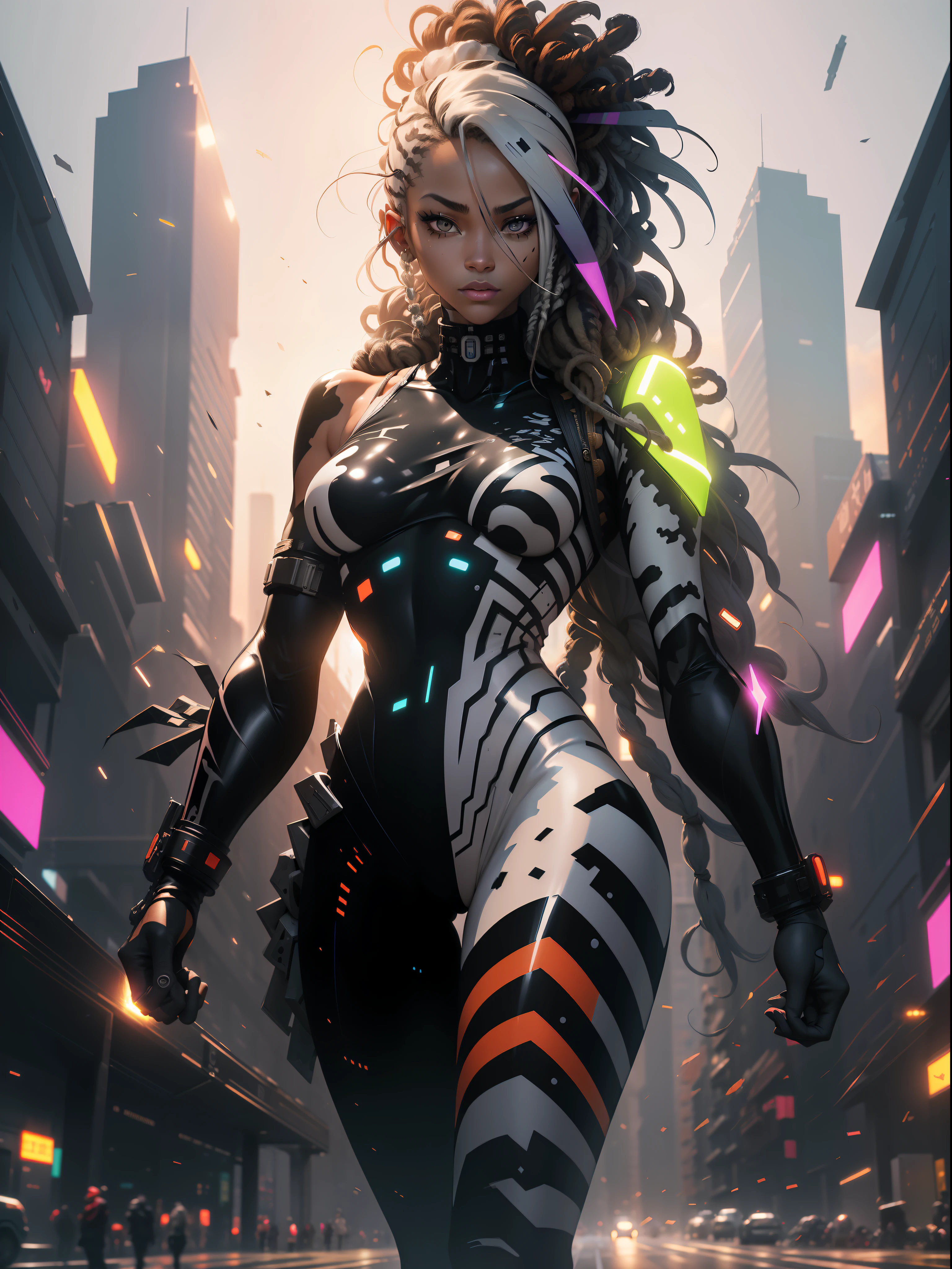 ((Best quality)), ((masterpiece)), (detailed: 1.4), (Absurd), Zulu warrior, zebra, African bracelets and necklaces, black skin, cybernetic hands, Clothing with zebra skin camouflage, explosion of colors, cosmic tattoo, nebulous, sculptural body defined muscle, whole body, half thick naked thighs, closed mouth, body covered by technological clothing, Neon Genesis Evangelion style, cyberpunk, generous neckline, ((perfect medium breasts)), (super light brown eyes), ((clothing with zebra skin camouflage)), (((black and white hair with dreadlocks)))), long and black eyelashes heavy makeup, various African jewelry, bare legs, by mucha, niji --V5, close to real, psychopath, crazy face, sexy pose, fractal background, 2 piece clothing, pastel, centered, scale to fit the dimensions, HDR (High Dynamic Range), Ray Tracing,NVIDIA RTX,Super-Resolution,Unreal 5,Subsurface Dispersion, PBR Texture, Post-processing, Anisotropic Filtering, Depth of Field, Maximum Clarity and Sharpness, Multilayer Textures, Albedo and Specular Maps, Surface Shading, Accurate Simulation of Light-Material Interaction, Perfect Proportions, Octane Render, Two-Tone Lighting, Wide Aperture, Low ISO, White Balance, Rule of Thirds, 8K RAW, Crysisnanosuit