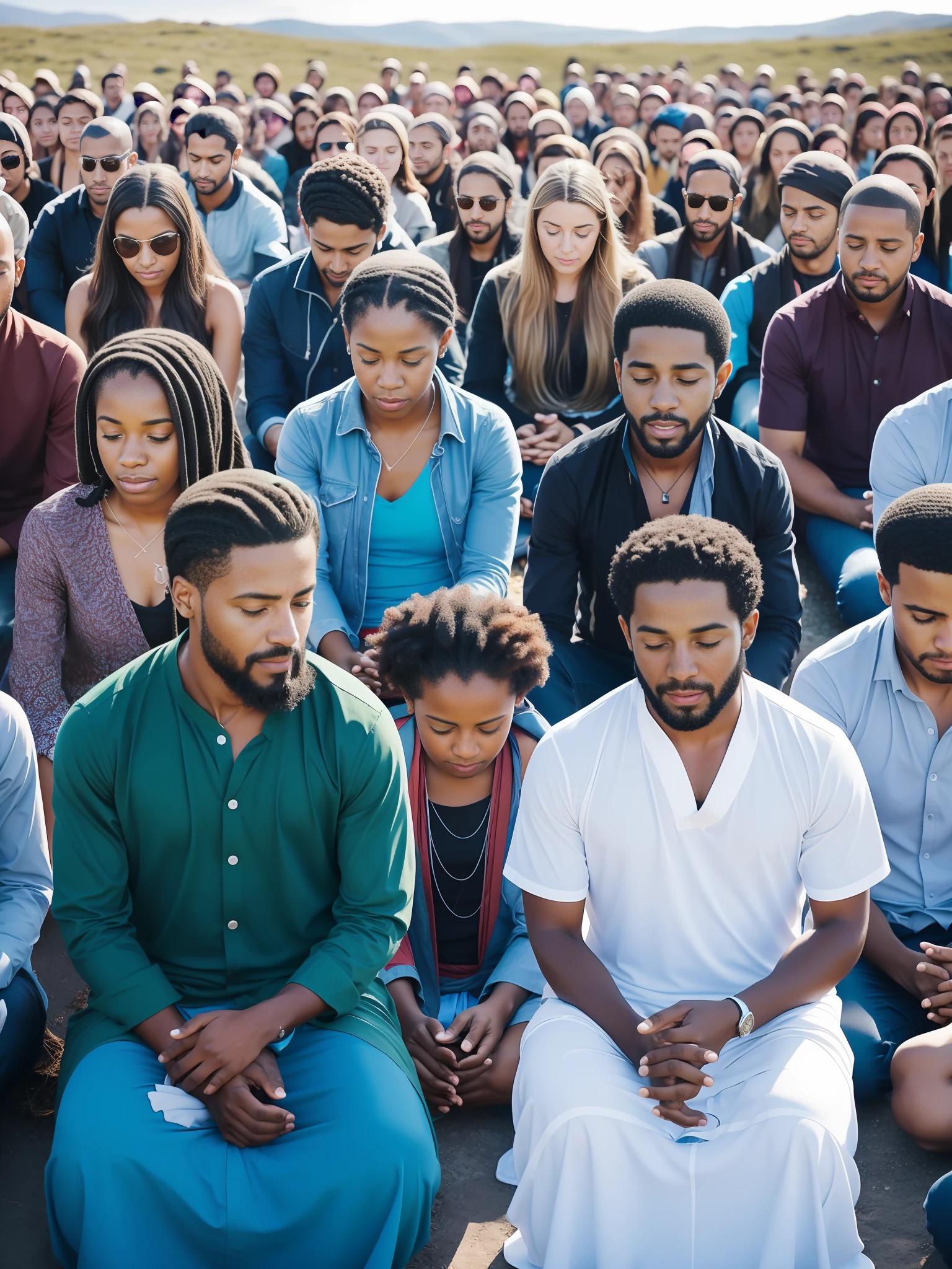group of people sitting in a circle on a mountain, clear day with white clouds and blue sky, a group of people, connection rituals, people facing the circle, in a circle, in a meeting, harmonious integration, diverse, group of people on a mountain, meditative, meditating praying, taken at 2 0 2 0, by Matija Jama, group of people --auto --s2