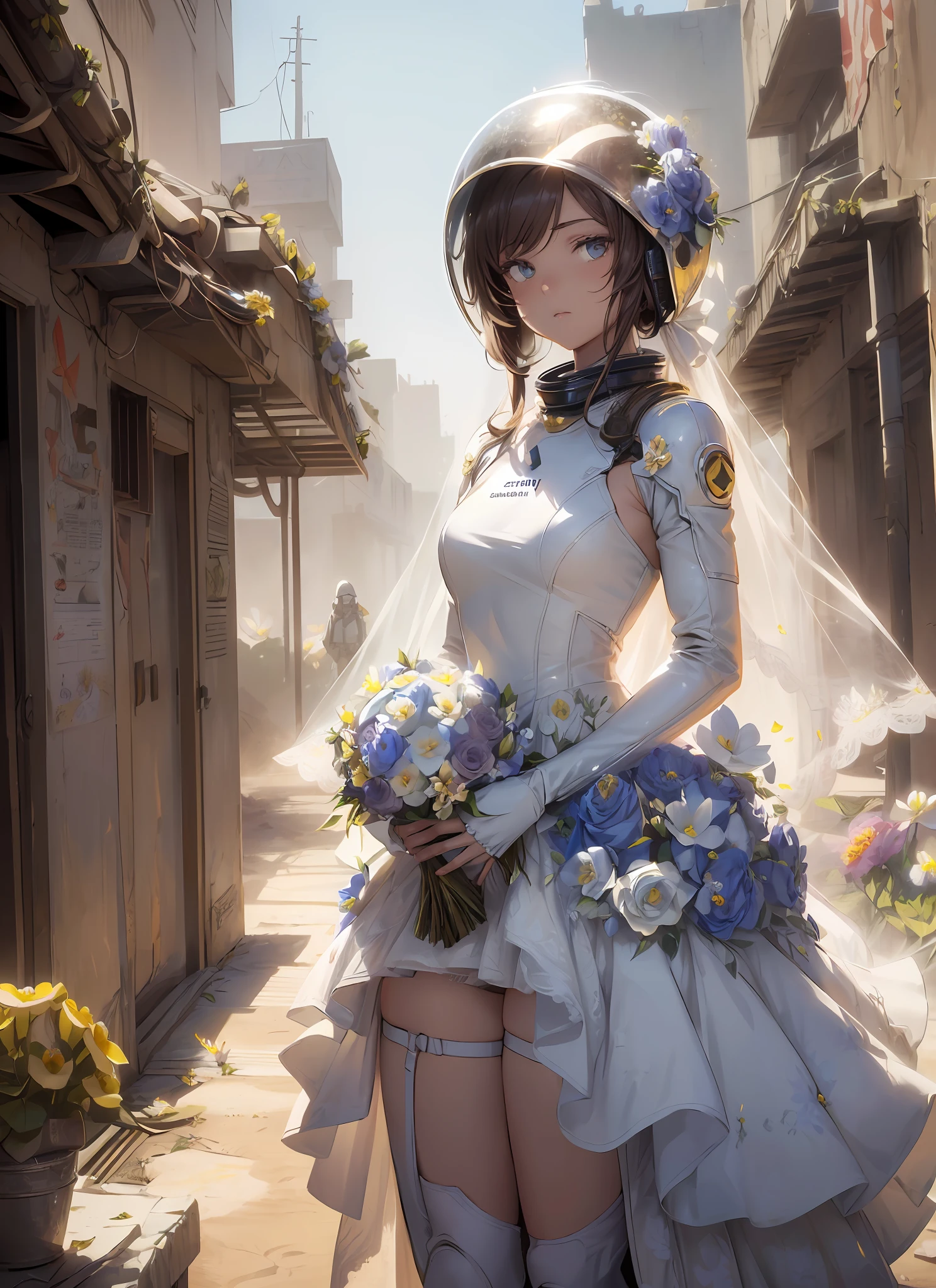 masterpiece, hyperdetail, Illustrations, dynamic angle, 1 girl, wearing space suit helmet, (wedding dress), full body, outdoor, (dust, sandstorm:L1.2), post-apocalyptic wasteland, third person, (withe flower:1.5), illustration, vivd color, cinematic lighting,