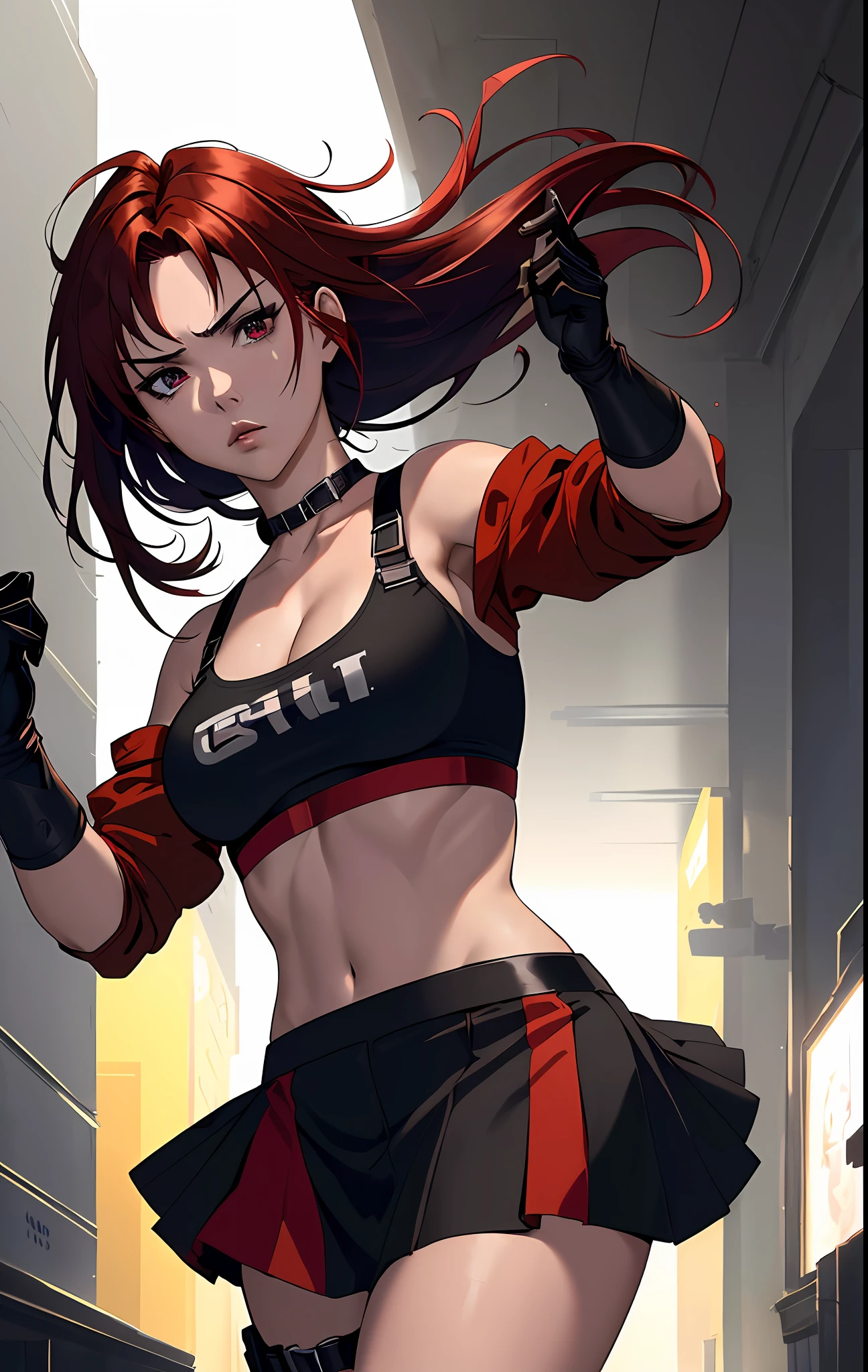 ((((dramatic))), (((gritty))), (((intense))),anime character,1girl,solo,dark red hair,tied up hairstyle, wearing gloves,wearing a crop top,wearing a skirt, modern art,hair covering eye's,, beautiful face, beautiful eye's, vibrant colors, night, highest quality digital art, Stunning art, wallpaper 4k,8k,64k, HD, unparalleled masterpiece, dynamic lighting, cinematic, epic