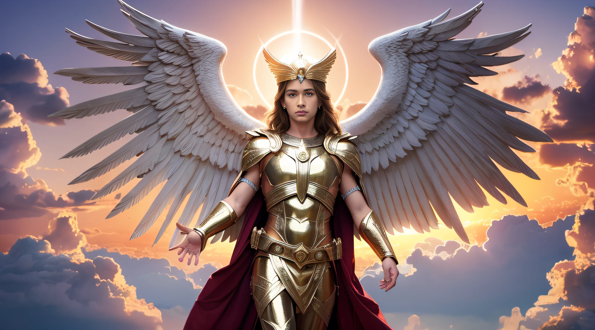 A portrait of Archangel Michael, full body, sky, clouds, sunset, sacred aura, cinematic, realistic light