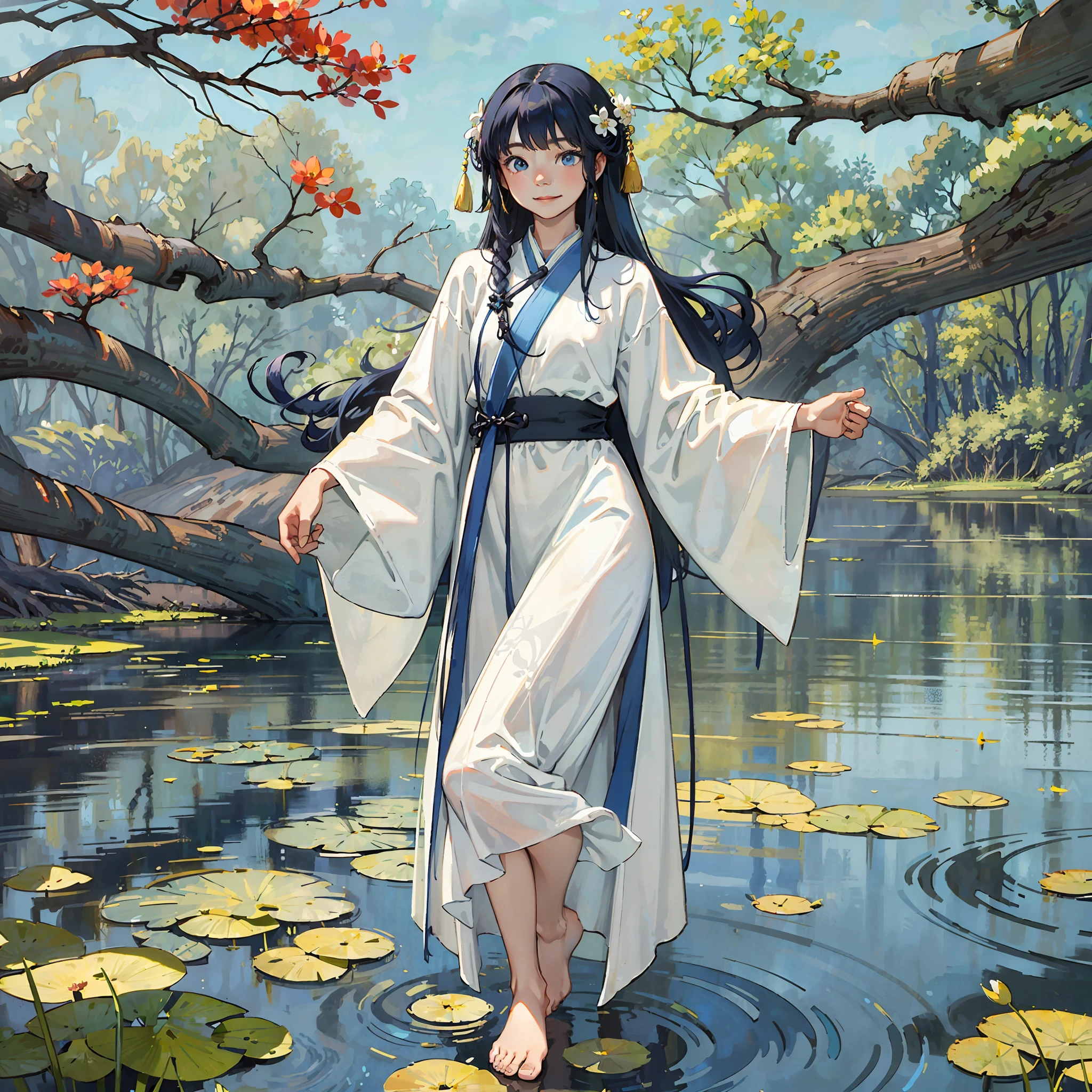 ((4k,masterpiece,best quality)), shuimobysim, traditional chinese ink painting, lotus, hanfu, maxiskit, dress conservatively 1girl, solo, long blue hair, smile, standing, feet in the water, barefoot, --auto --s2