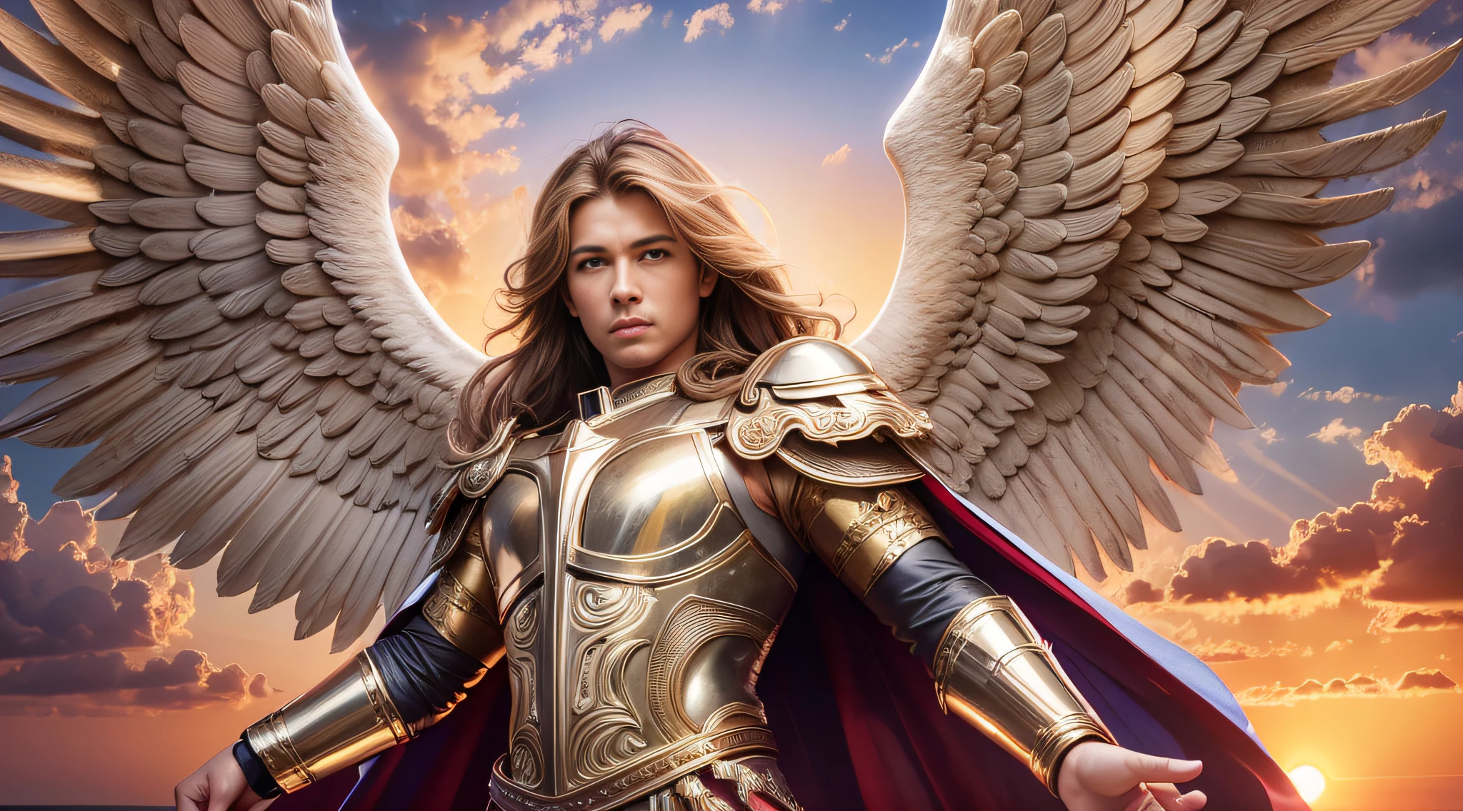 A portrait of Archangel Michael, full body, sky, clouds, sunset, sacred aura, cinematic, realistic light