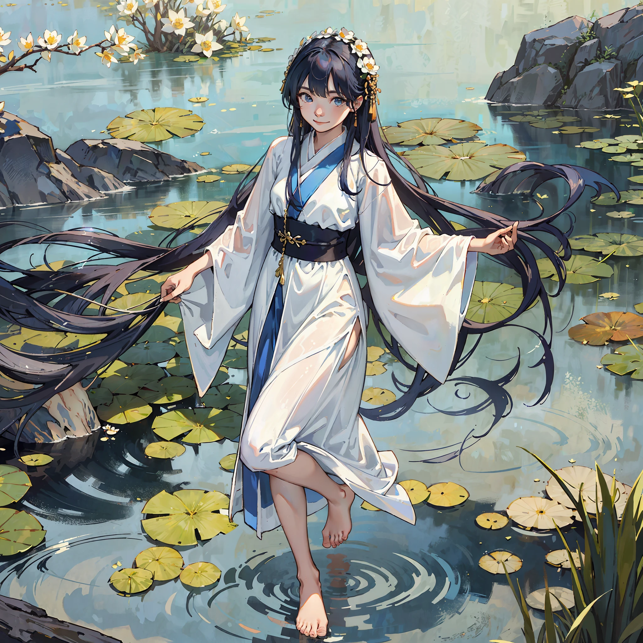 ((4k,masterpiece,best quality)), shuimobysim, traditional chinese ink painting, lotus, hanfu, maxiskit, dress conservatively 1girl, solo, long blue hair, smile, standing, feet in the water, barefoot, --auto --s2