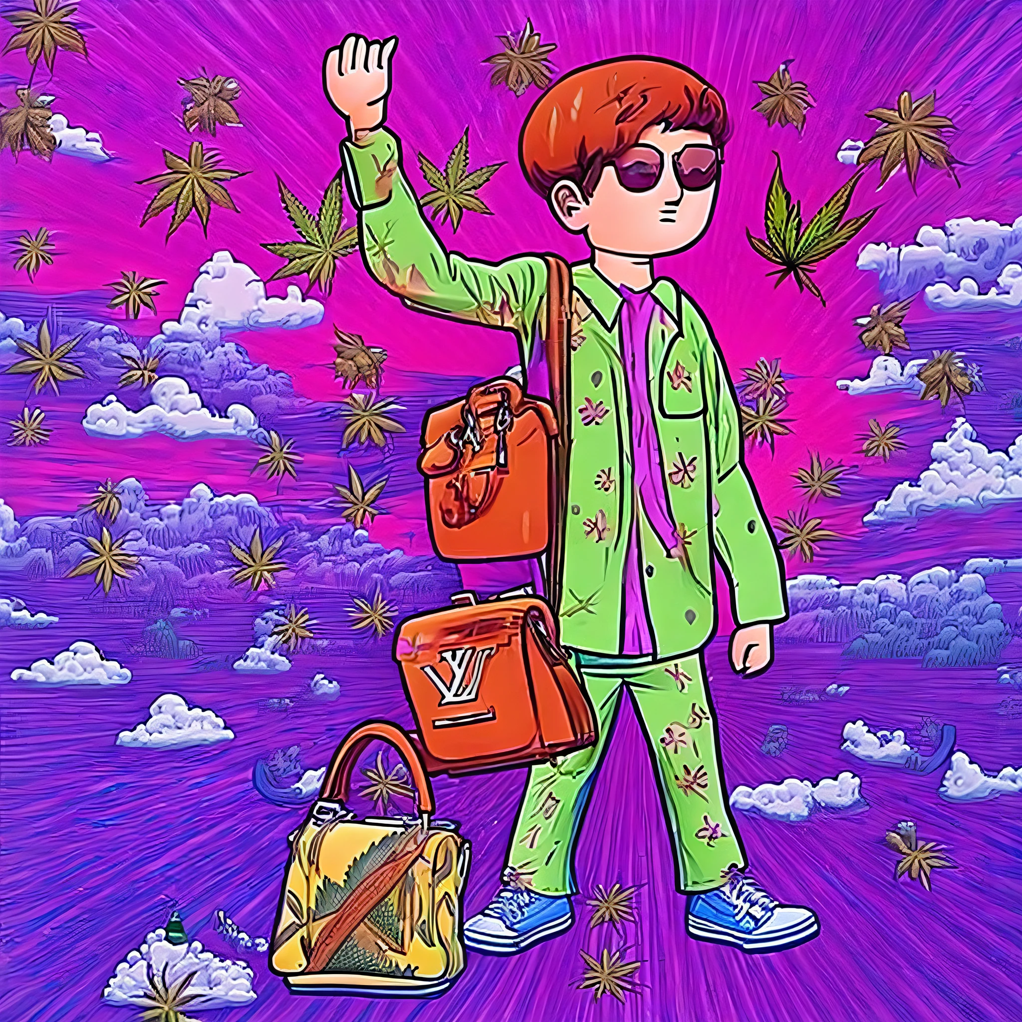 (stoned boy with purple and black hair, with a black Louis Vuitton bag, floating in a psychedelic world, with marijuana trees and guns, super detailed hundred cartoon) :1