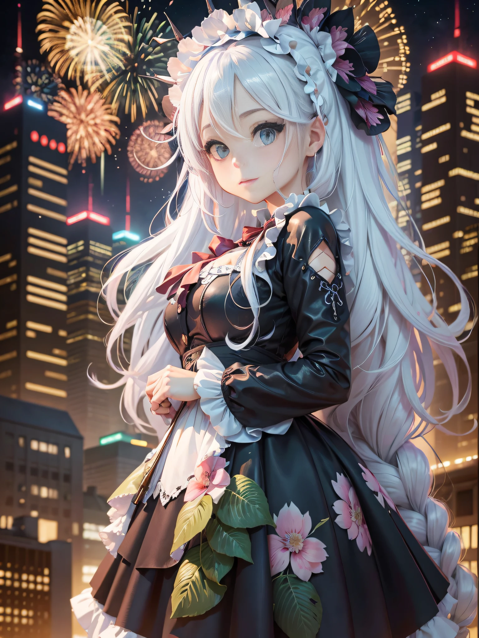 masterpiece,best quality,official art,extremely detailed CG unity 8k wallpaper, night, cityscape, fireworks, huge_filesize, wallpaper, girl, solo, kawaii, bishoujo, mature, female, maid, long hair, white hair, light smile, blush, wide eyed, light blush, cute face, beautiful detailed eyes, aqua eyes, looking at viewer, arms behind back,