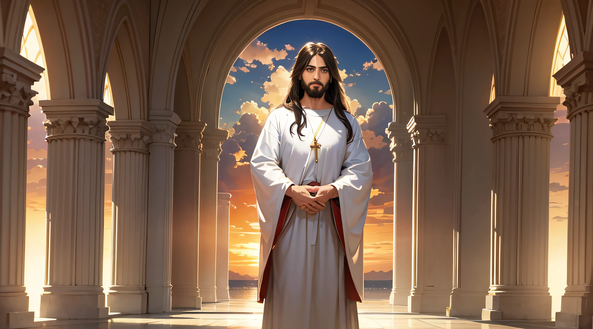 A portrait of Jesus, full body, sky, clouds, sunset, sacred aura, cinematic, realistic light