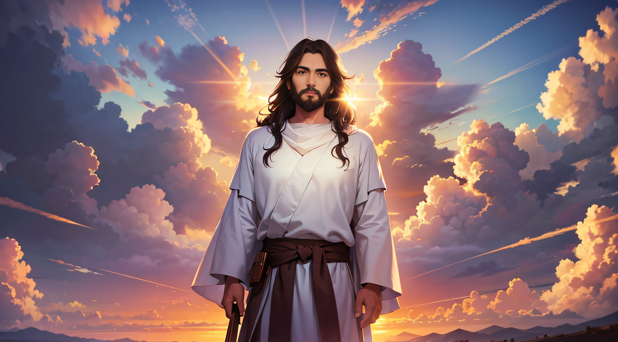 A portrait of Jesus, full body, sky, clouds, sunset, sacred aura, cinematic, realistic light