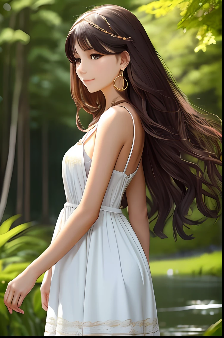 a photo of a young woman. She is standing outdoors in a park with trees and greenery in the background. She has long, wavy, flowing hair that is dark brown in color. Her eyes are large and brown, with a hint of green. She is wearing a white sundress that flows around her legs, and she has a delicate gold necklace and matching earrings. She is looking off to the side, with a slight smile on her face as if she’s lost in thought or enjoying the peacefulness of nature. The overall feel of the photo is serene and tranquil. Image dimensions 16:9 --auto --s2